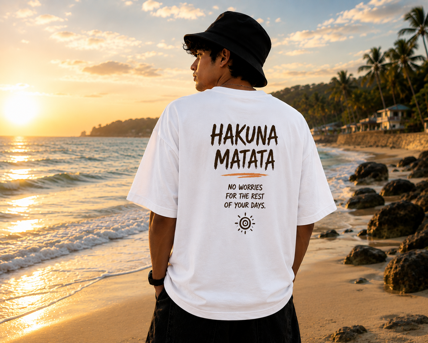 "HAKUNA MATATA" No worries for the rest of your days Graphic Oversized T-shirt  — White 2