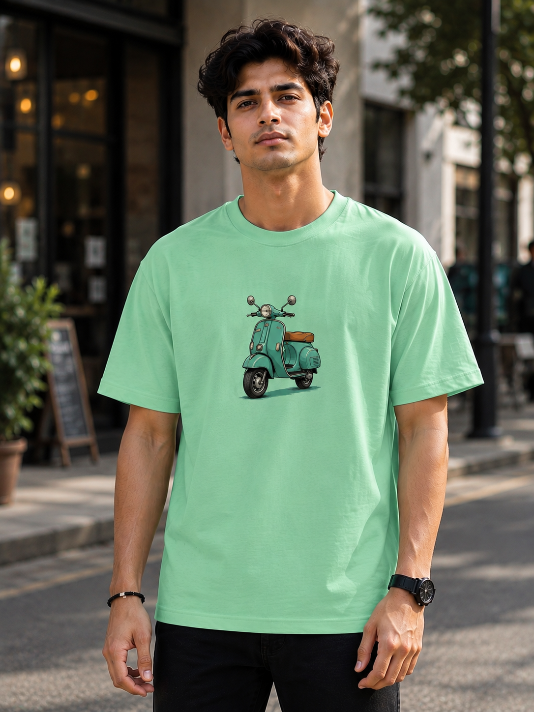 "Classic Retro Scooter" Graphic Oversized T-Shirt — Sea-Green 1