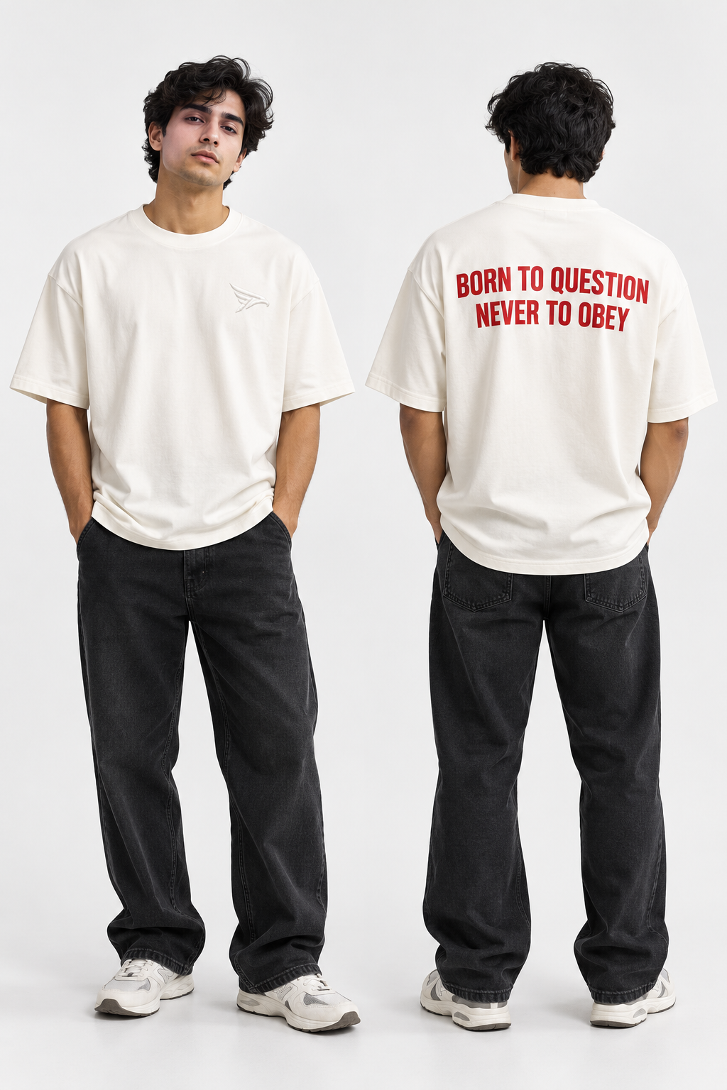 "Born To Question Never To Obey" Back Print Regular Fit T-Shirt — White 3