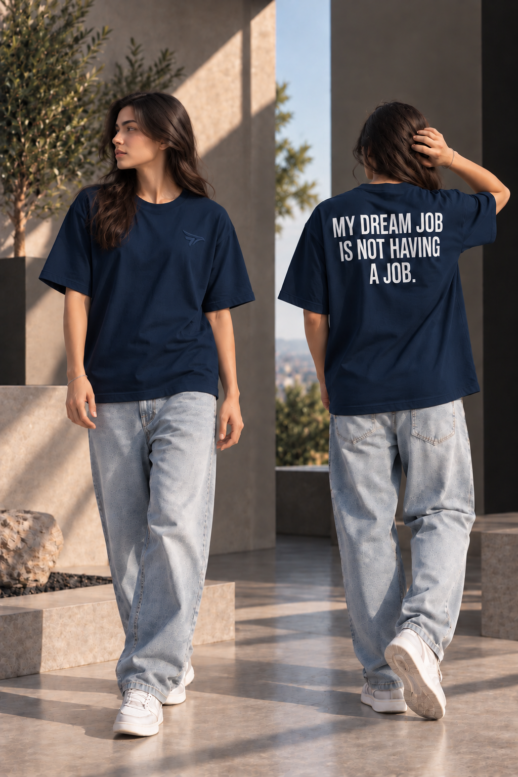 "My Dream Job Is Not Having A Job" Funny Back Print Regular Fit T-Shirt — Navy Blue 4
