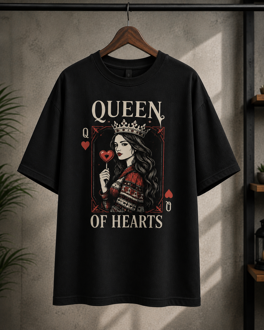 "Queen of Hearts" Playing Card Graphic Oversized T-Shirt — Black 3