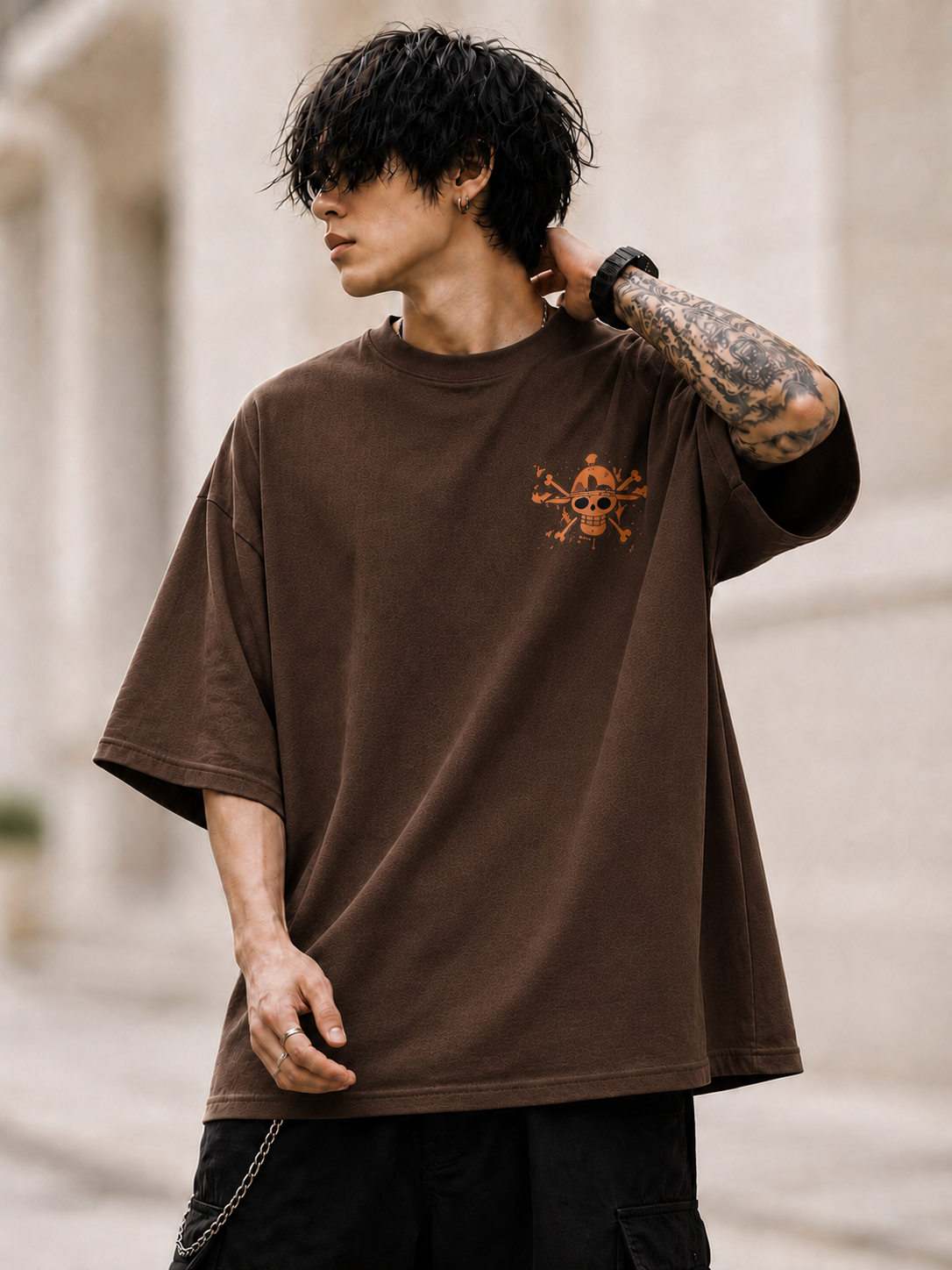 "Fire Fist Ace Jolly Roger" Graphic Oversized T-Shirt — Brown 1