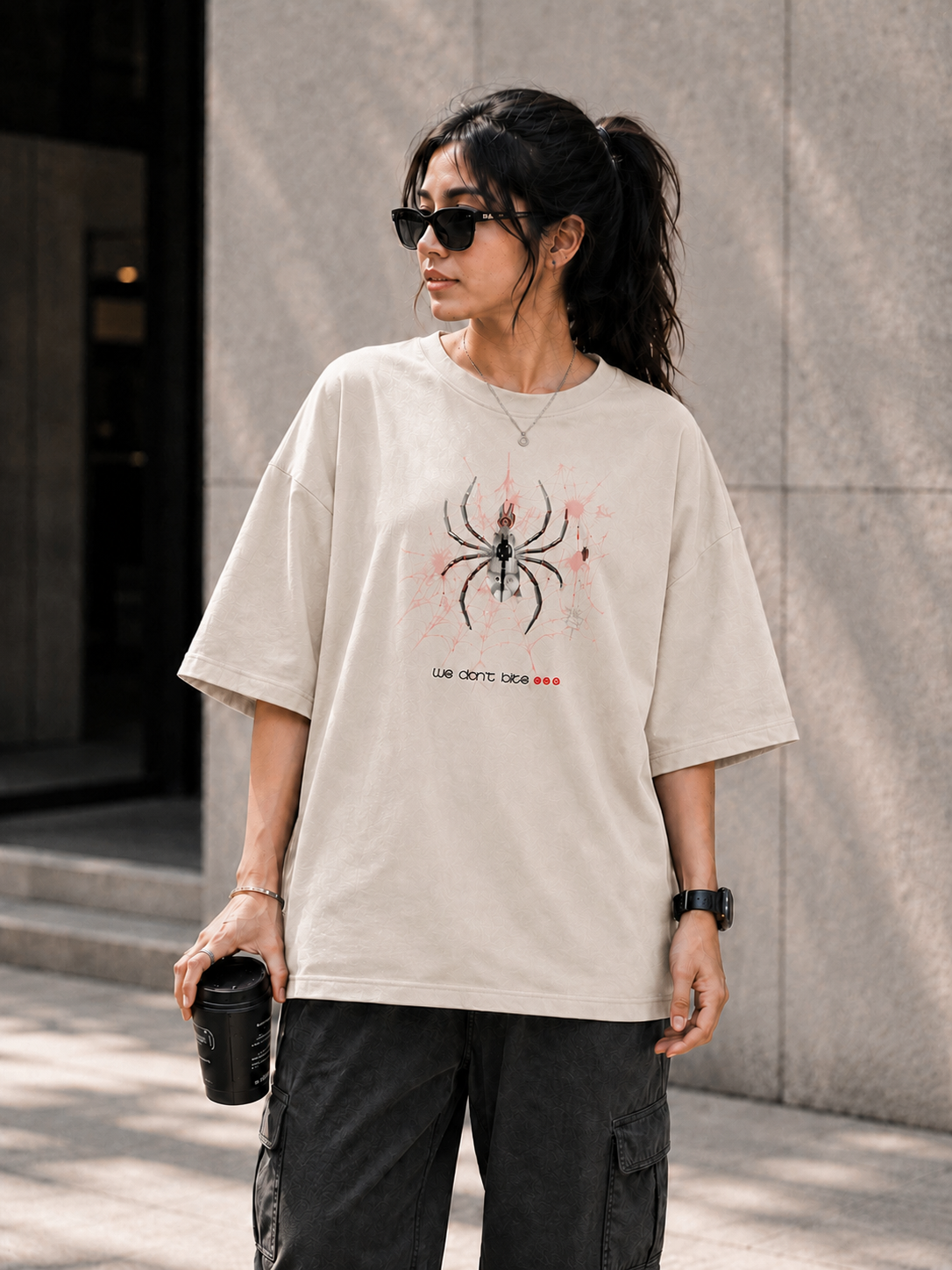 "We Don't Bite" Spider Web Graphic Oversized T-Shirt