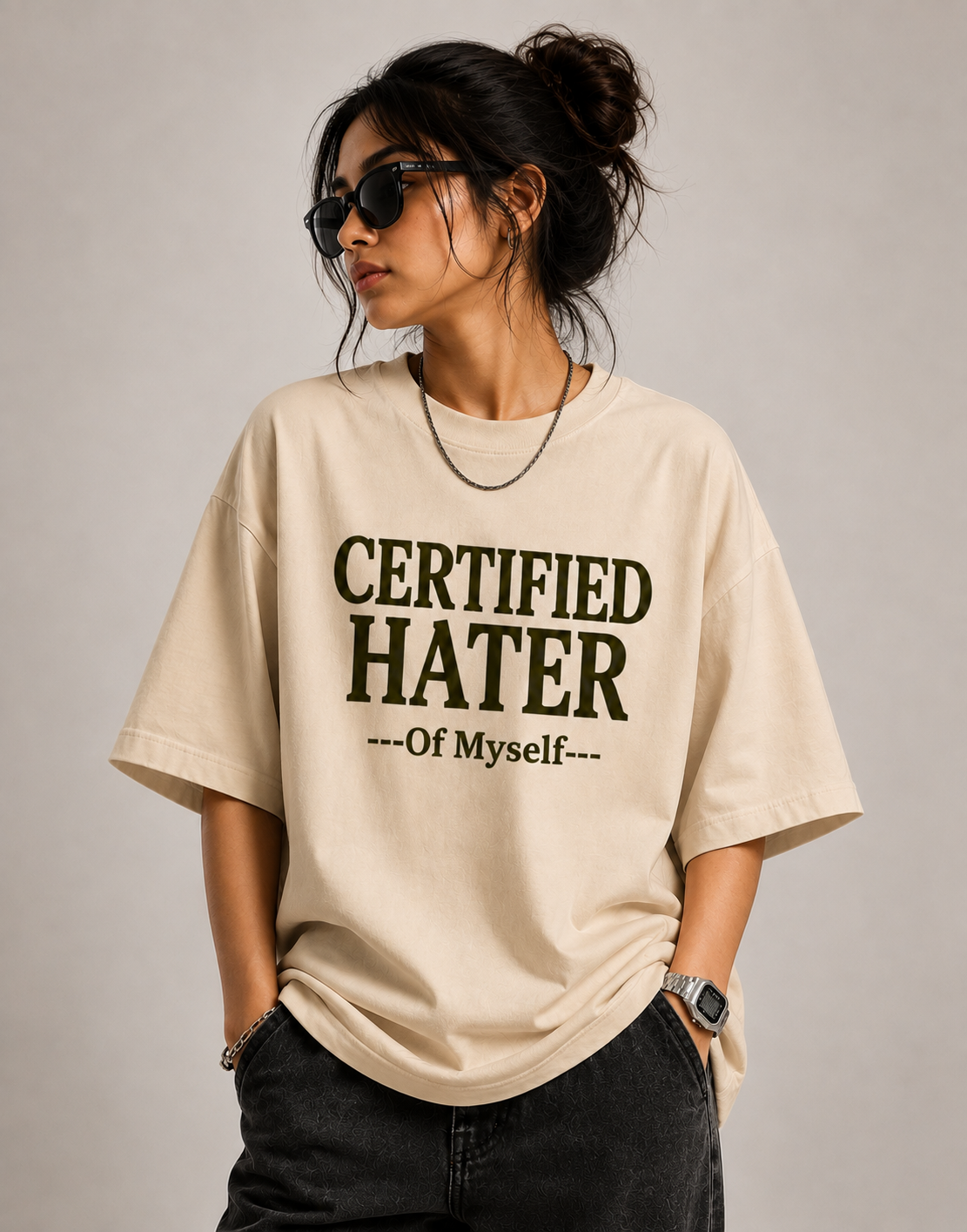 "CERTIFIED HATER'' Graphic Oversized T-Shirt  — Beige 5