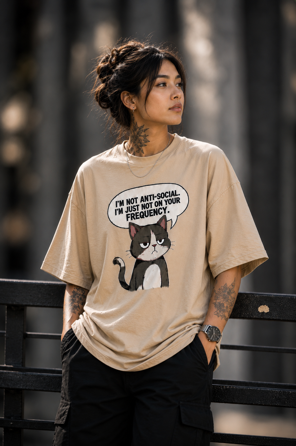 "Not On Your Frequency" Grumpy Cat Graphic Oversized T-Shirt — Beige 2