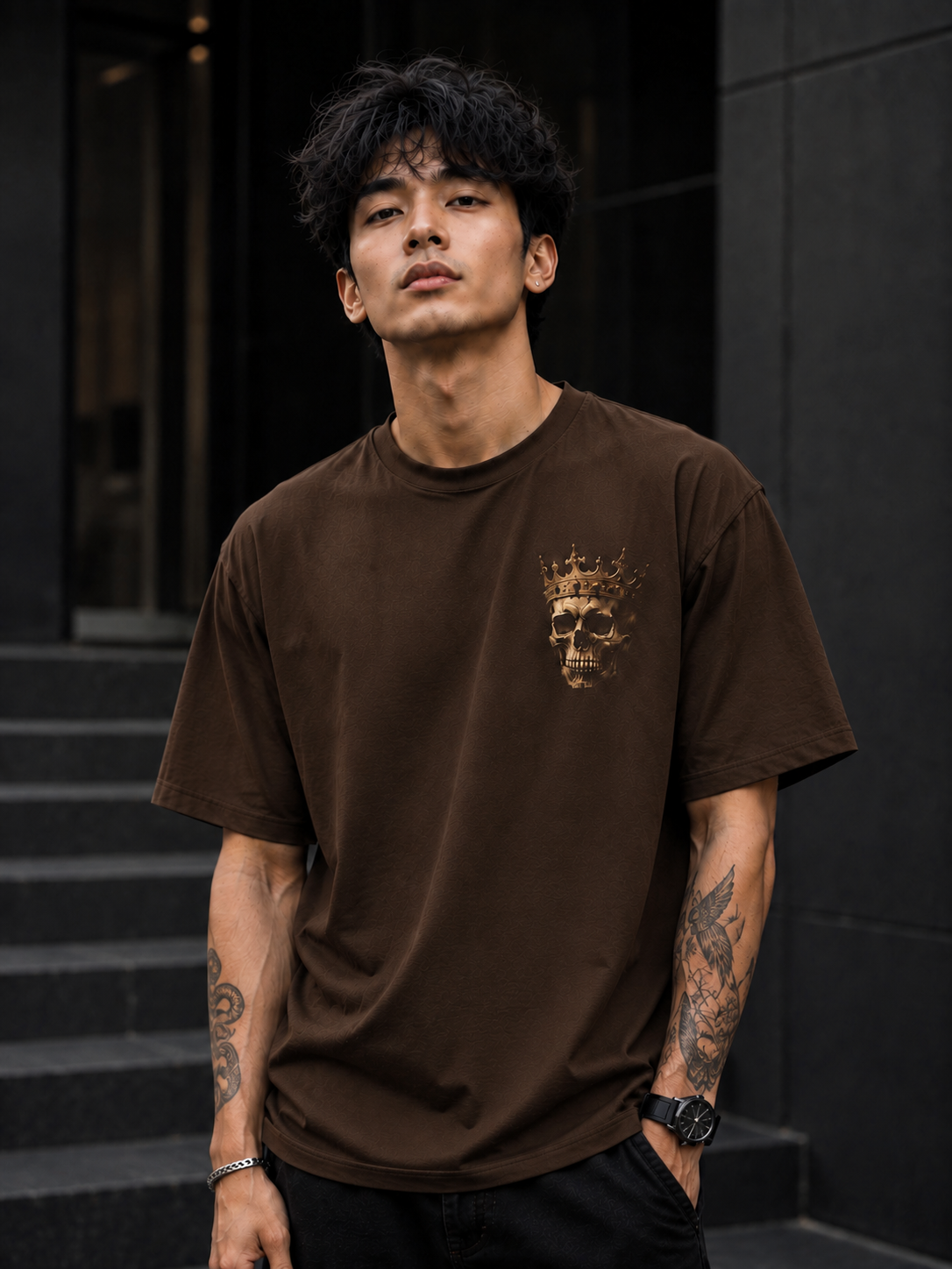 "Crowned Skull" Small Chest Graphic Oversized T-Shirt — Brown