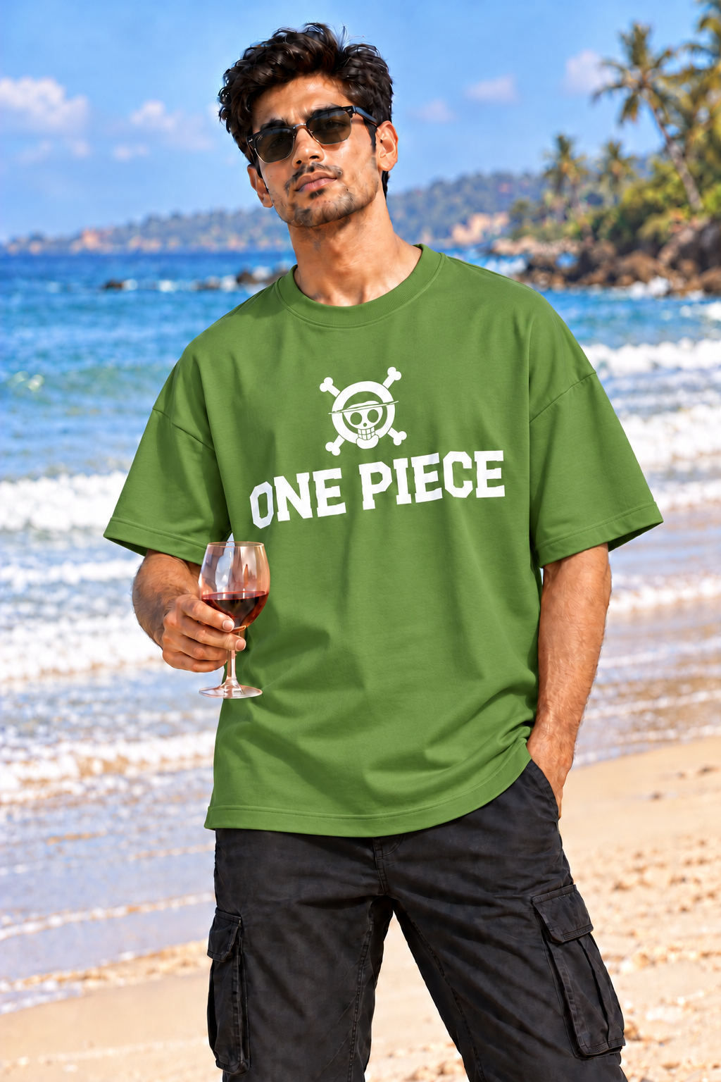 "ONE PIECE" Graphic Oversized T-Shirt — Avocado Green 3