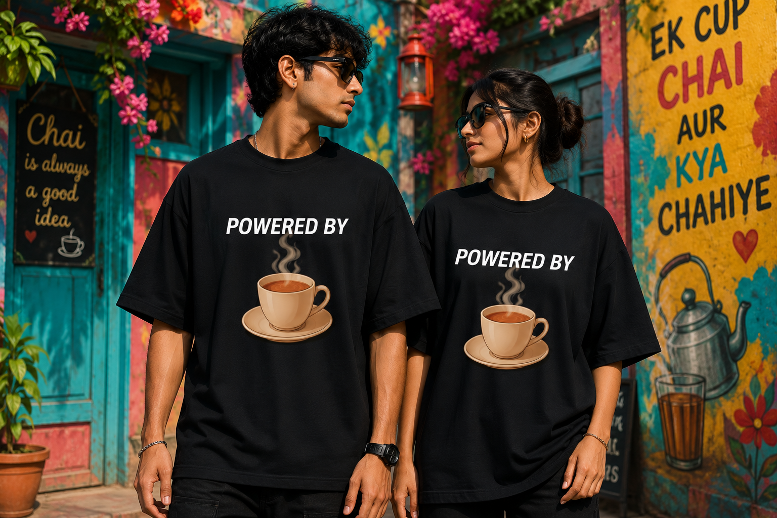 "POWERED BY TEA" Graphic Oversized T-Shirt  — Black 5