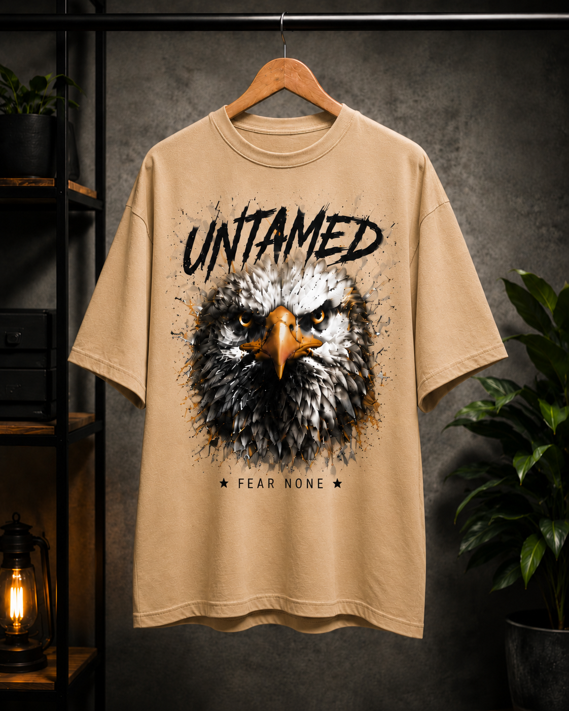 "Untamed: Fear None" Eagle Graphic Oversized T-Shirt — Beige 4