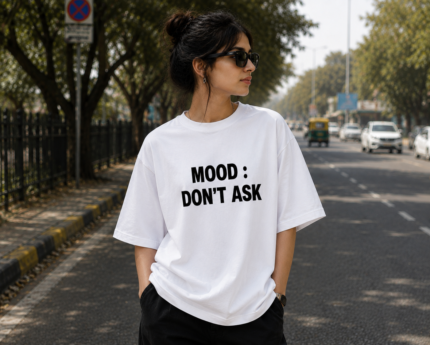 "MOOD : DON'T ASK"  Graphic Regular Fit T-Shirt  — White 3