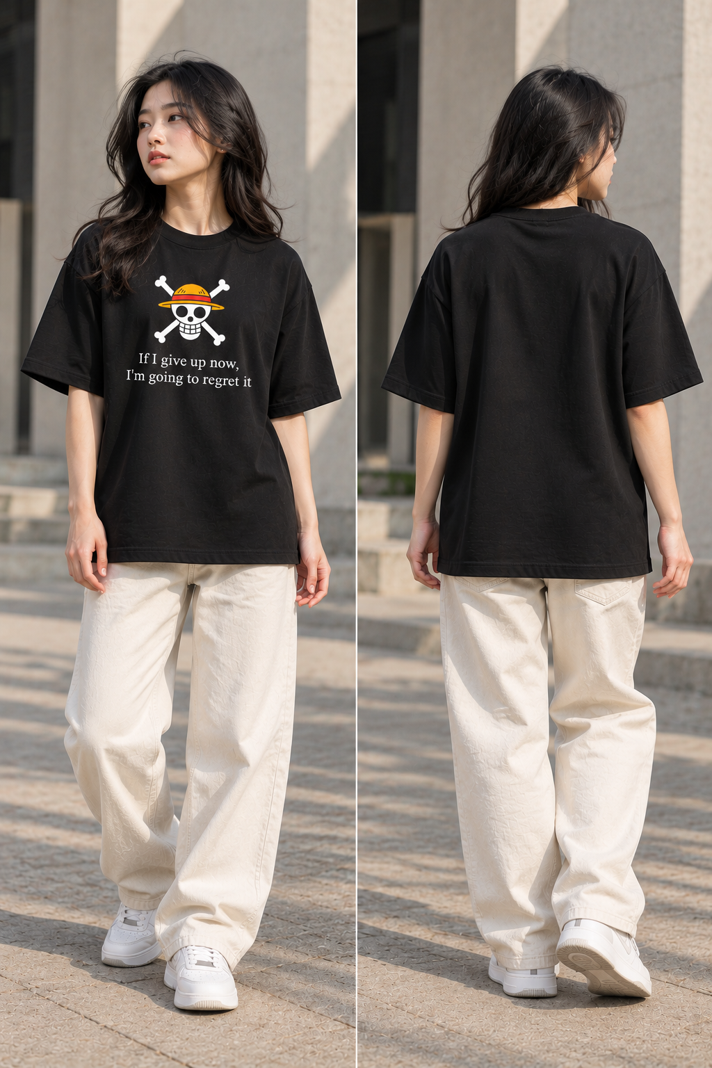 One Piece Straw Hat Jolly Roger "If I Give Up Now" Oversized T-Shirt — Black 4