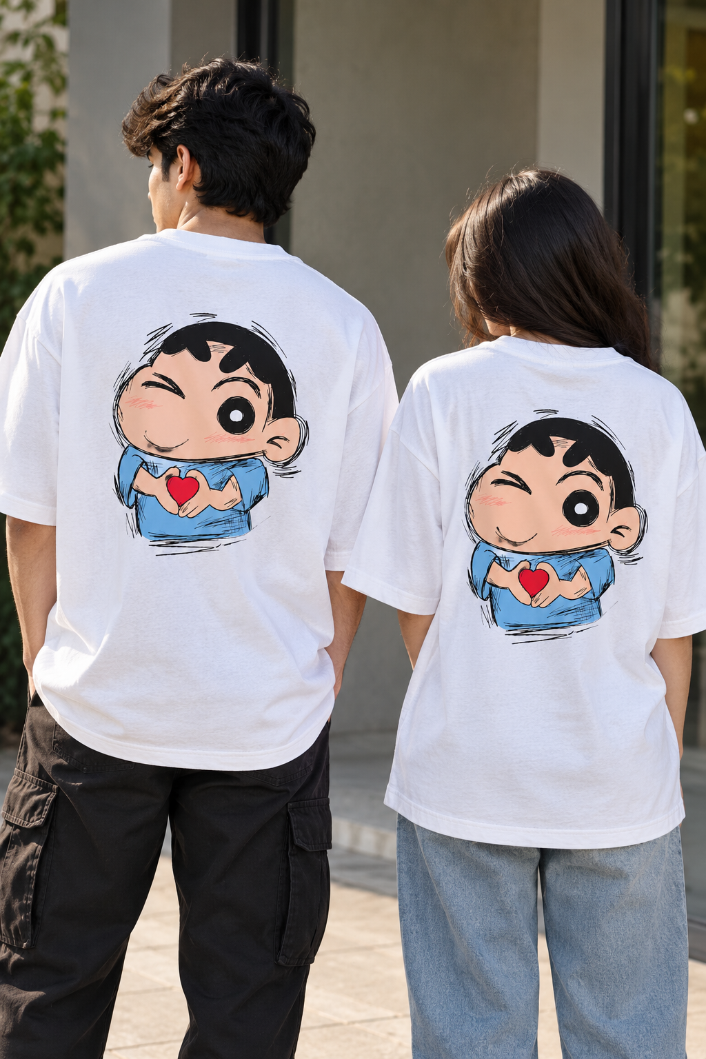 Shinchan Heart Hand Sign Back Print Oversized T-Shirt — White 3