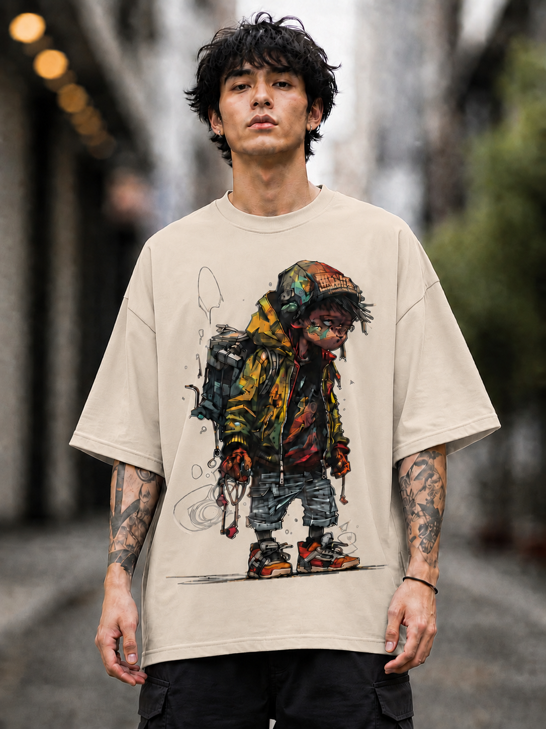 "Cyber Nomad" Urban Character Graphic Oversized T-Shirt — Beige 1