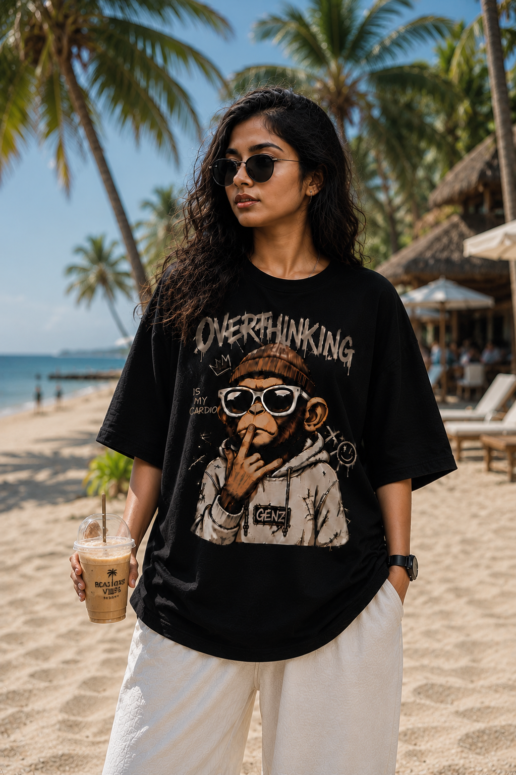 "Overthinking Is My Cardio" Monkey Graphic Oversized T-Shirt — Black
