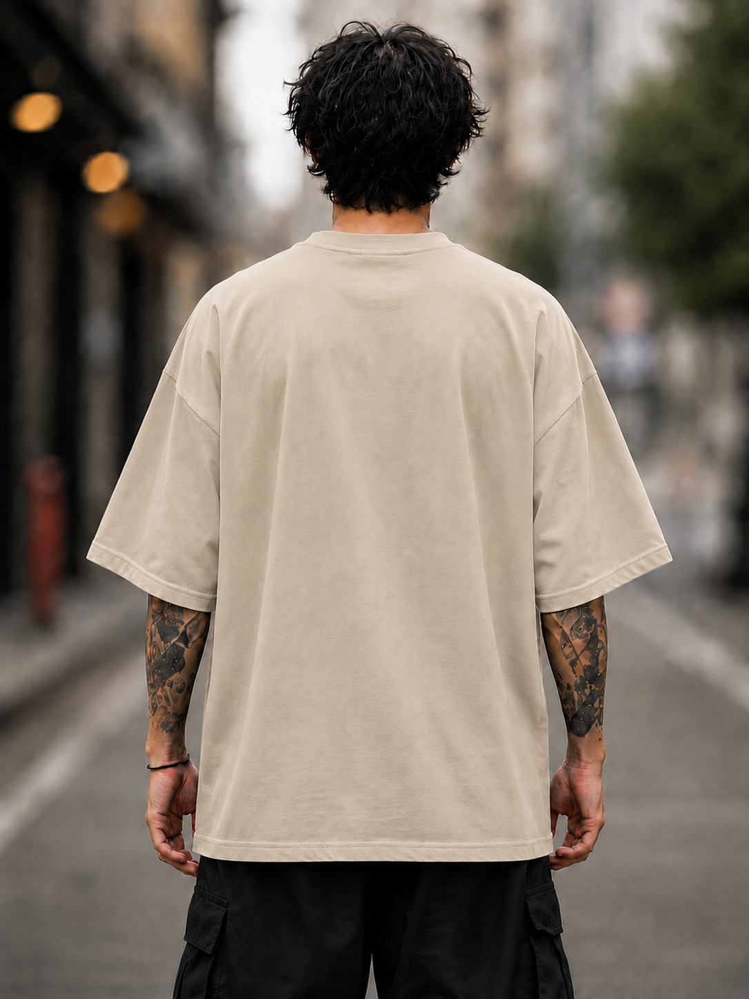 "Cyber Nomad" Urban Character Graphic Oversized T-Shirt — Beige 2