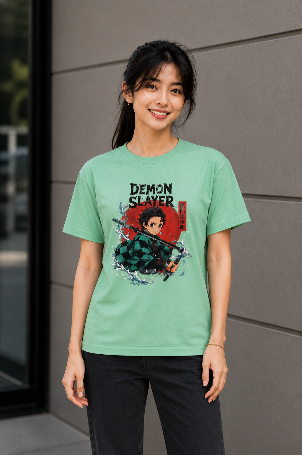 "Tanjiro Kamado: Water Breathing" Anime Graphic Regular Fit T-Shirt — Sea-Green 3