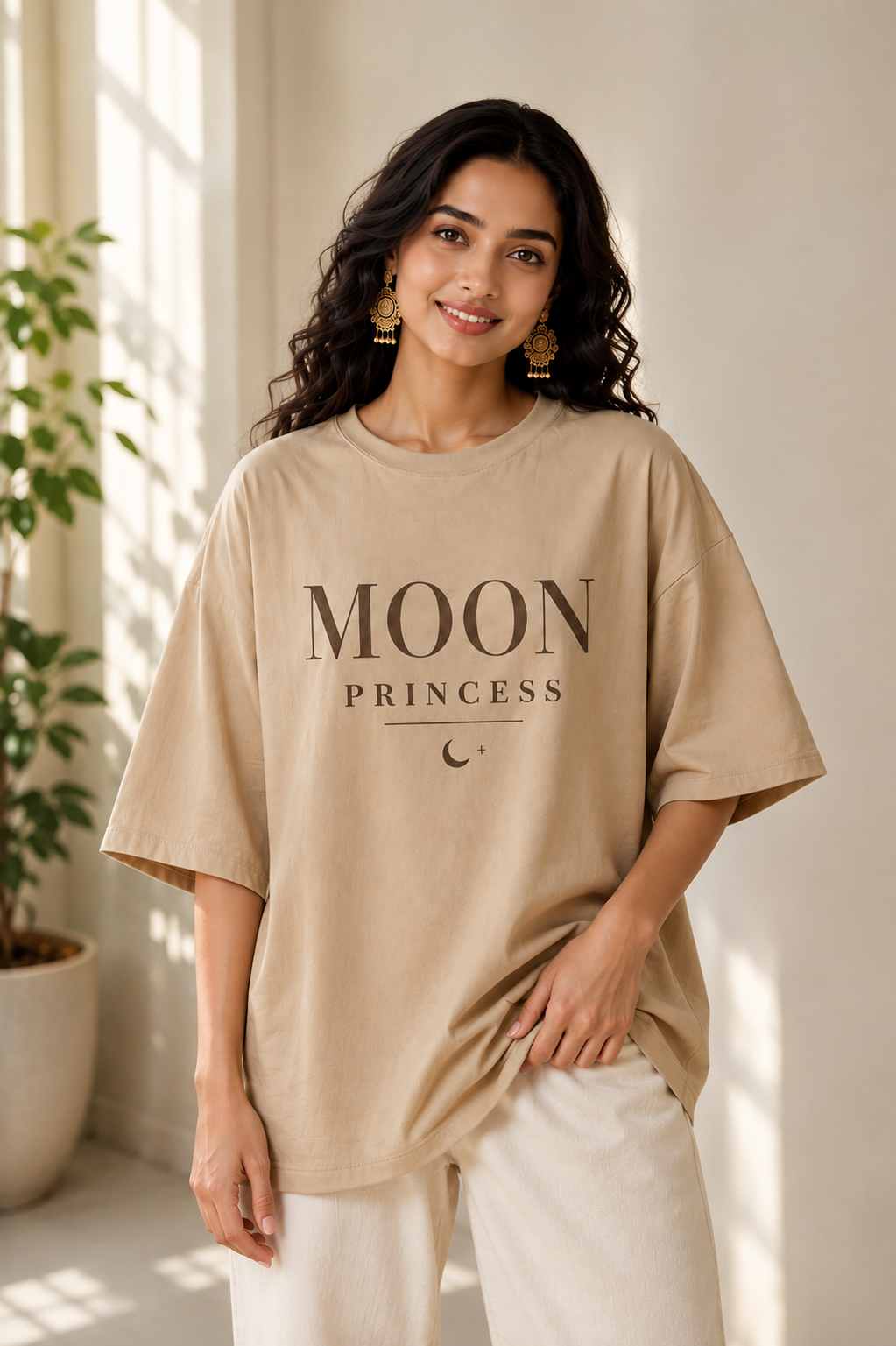 "Moon Princess" Celestial Graphic Oversized T-Shirt — Beige 1