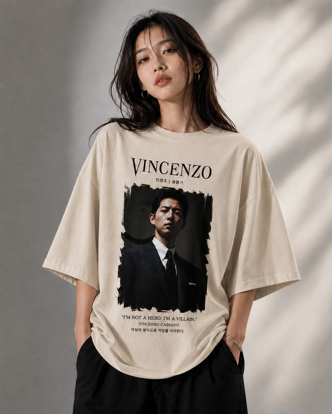 "Vincenzo: Villain's Justice" K-Drama Graphic Oversized T-Shirt — Beige 1