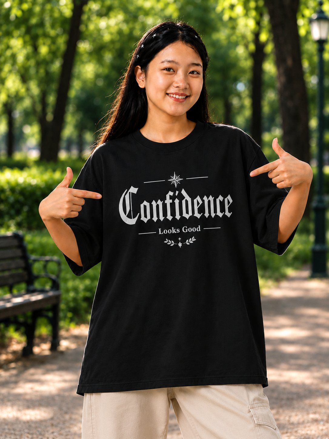 "Confidence Looks Good" Gothic Typography Oversized T-Shirt — Black 1