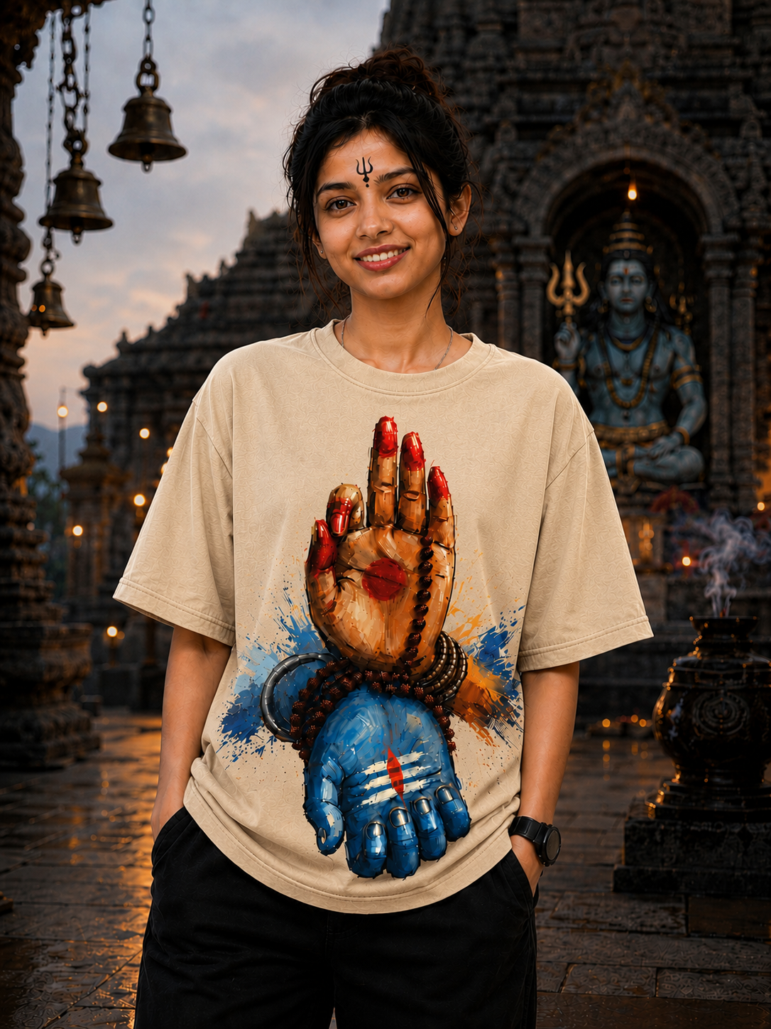 Har Har Mahadev Oversized Graphic T-Shirt | PIMBL Styles — Beige 4