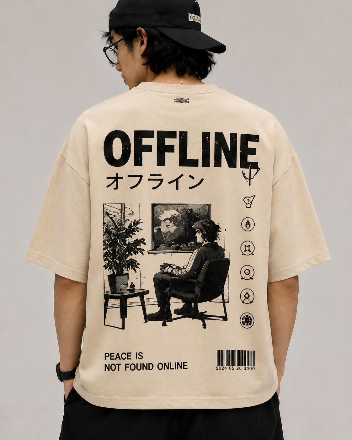 "Offline: Peace Is Not Found Online" Graphic Oversized T-Shirt — Beige 1