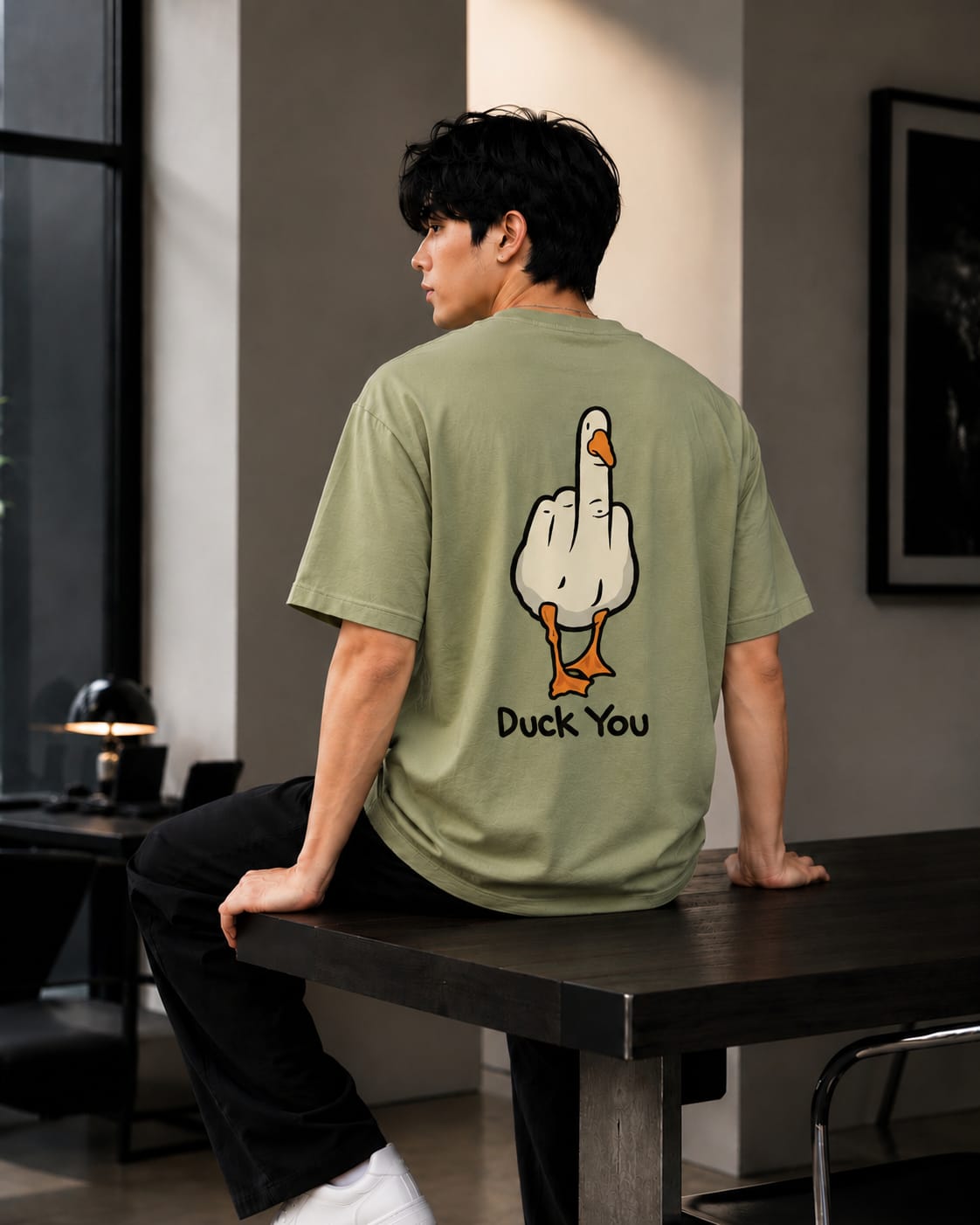 "Duck You" Graphic Oversized T-Shirt — Avocado Green 1