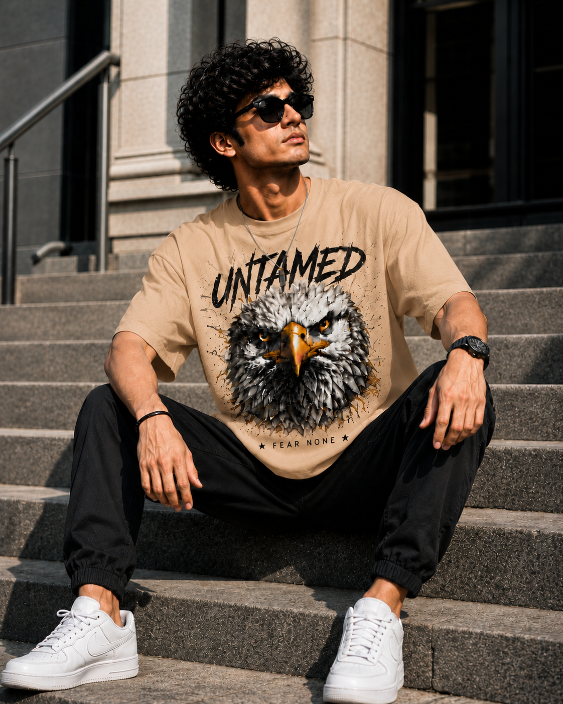 "Untamed: Fear None" Eagle Graphic Oversized T-Shirt — Beige 2