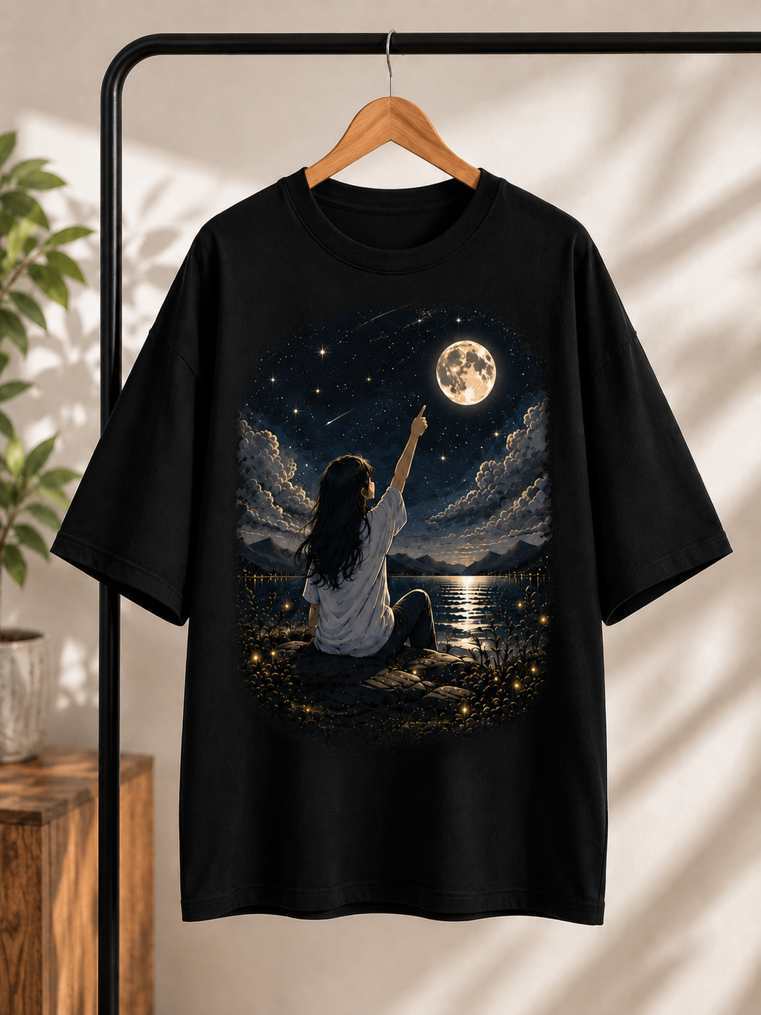 "Aim for the Moon" Aesthetic Dreamer Graphic Oversized T-Shirt — Black 4