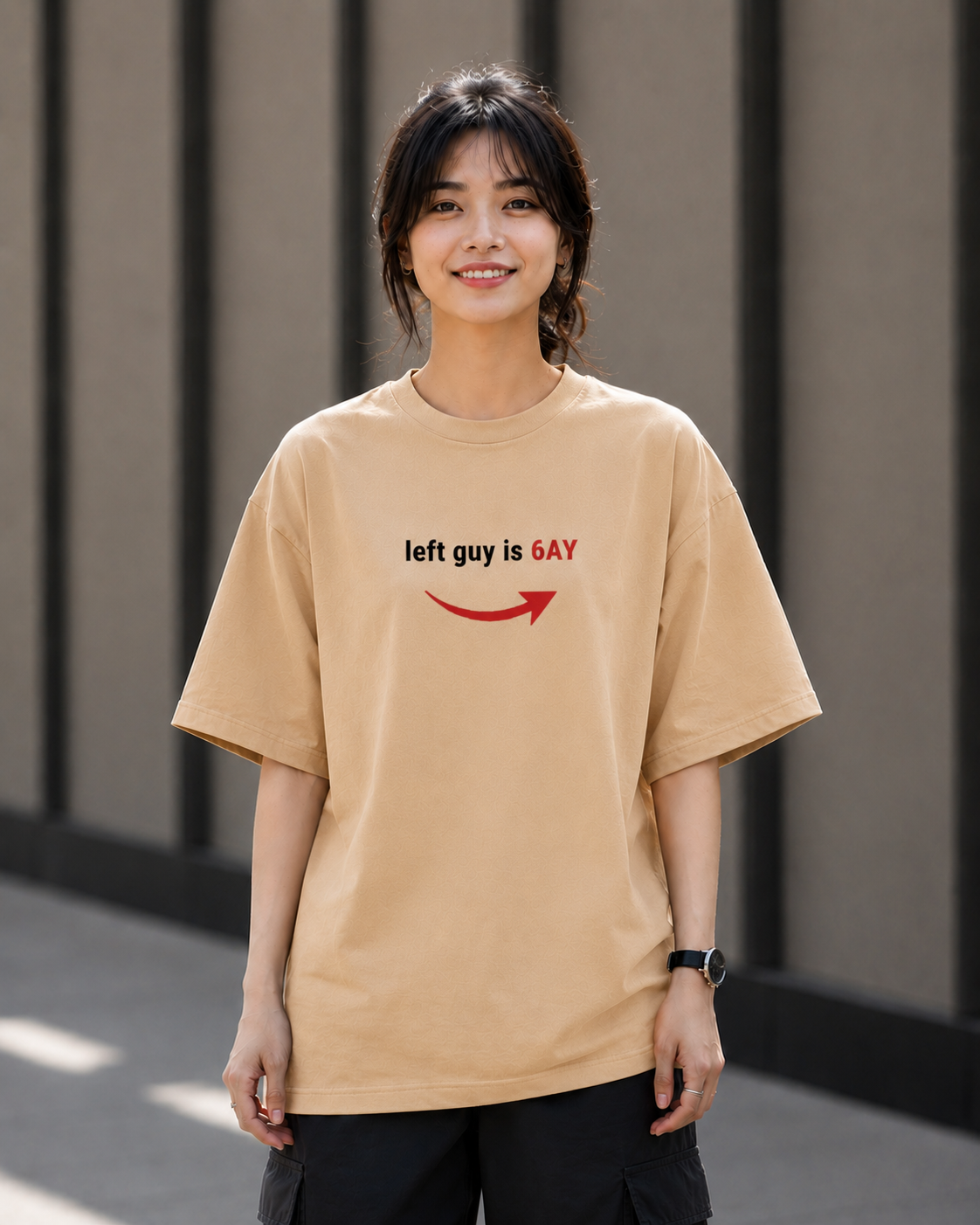"Left Guy is Gay" Funny Arrow Graphic Oversized T-Shirt — Beige 3