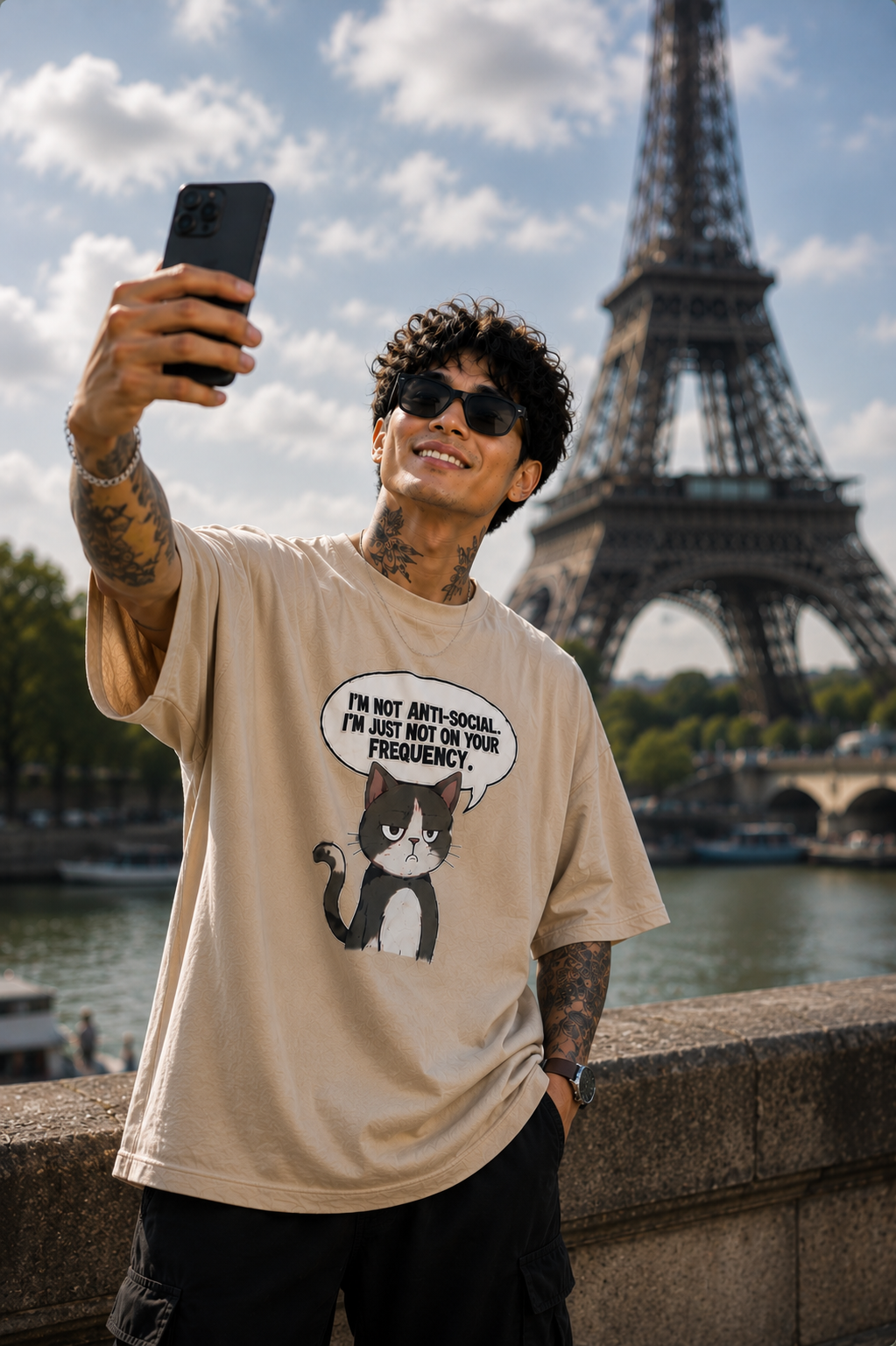 "Not On Your Frequency" Grumpy Cat Graphic Oversized T-Shirt — Beige 3