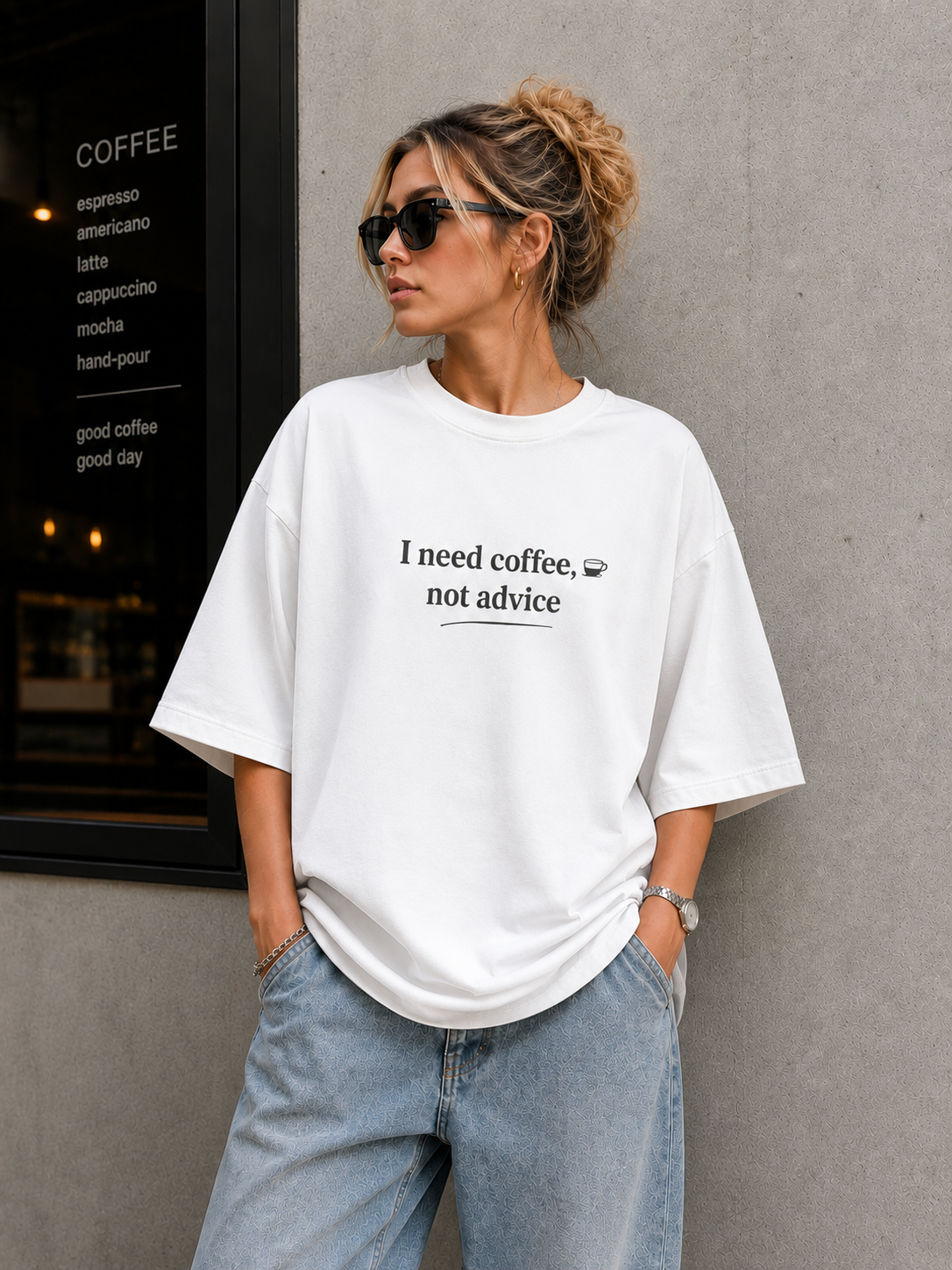 "I NEED COFFEE, NOT ADVICE" Graphic Oversized T-Shirt  — White