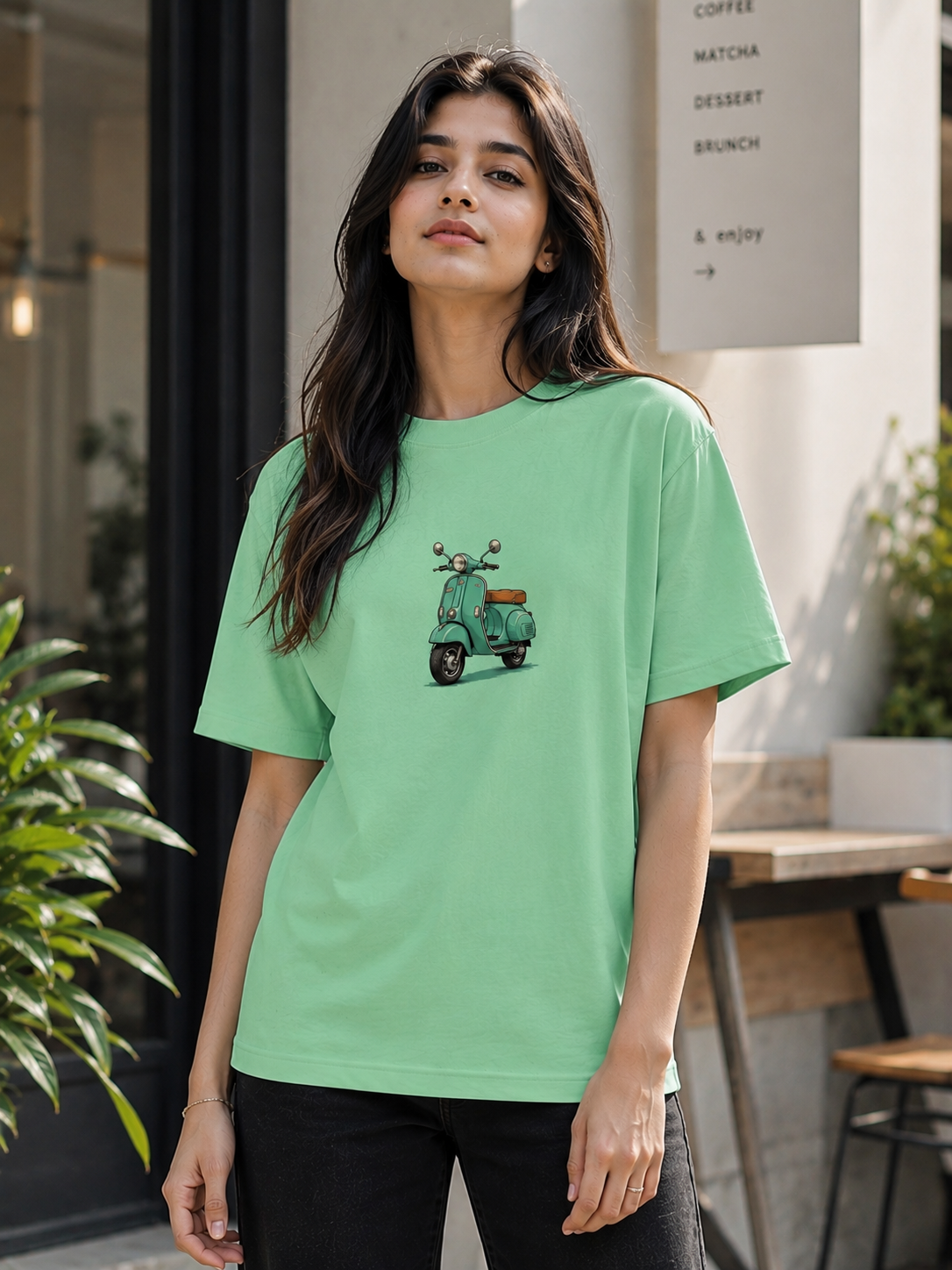 "Classic Retro Scooter" Graphic Oversized T-Shirt — Sea-Green 3