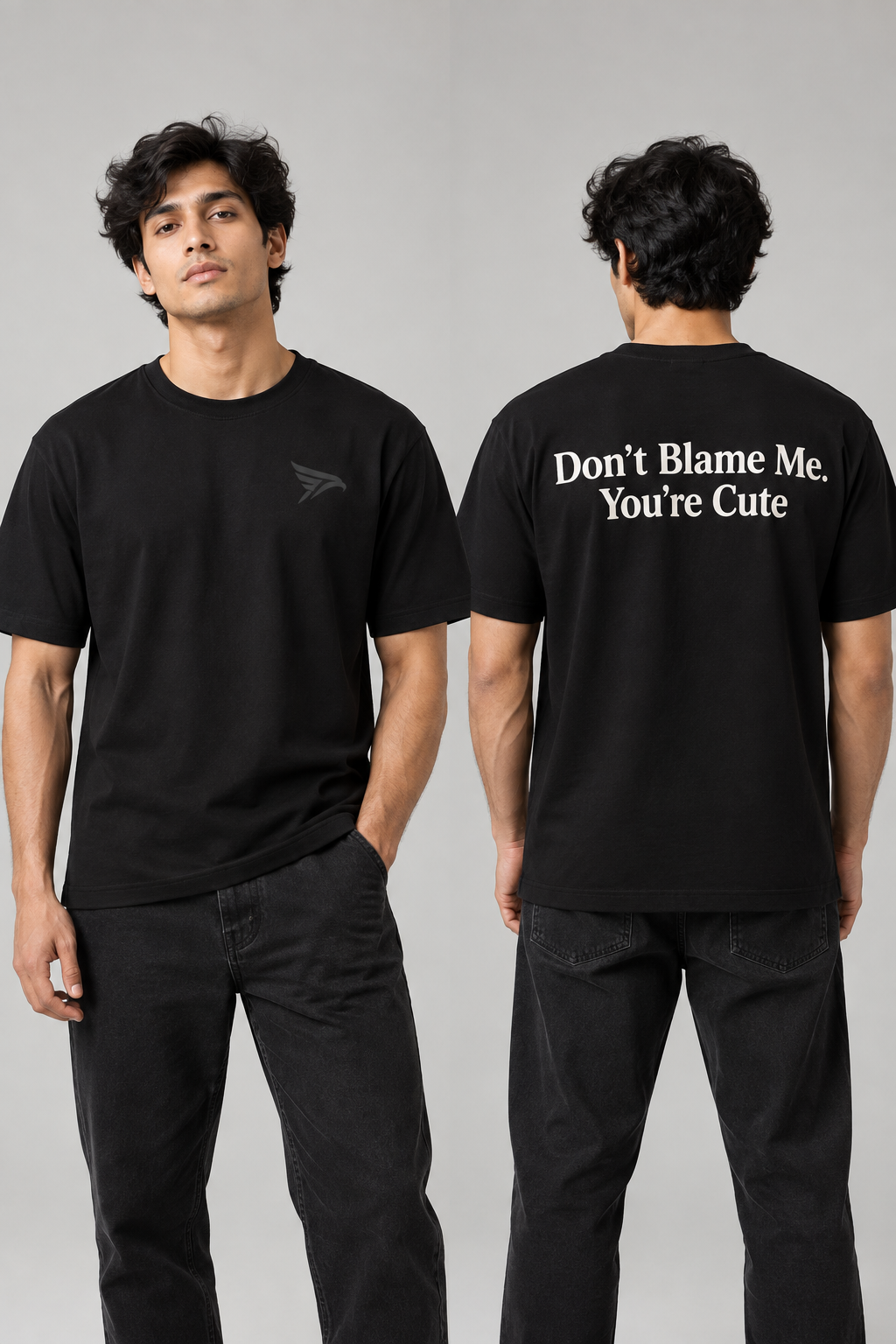 "Don't Blame Me. You're Cute" Back Print Regular Fit T-Shirt — Black 3