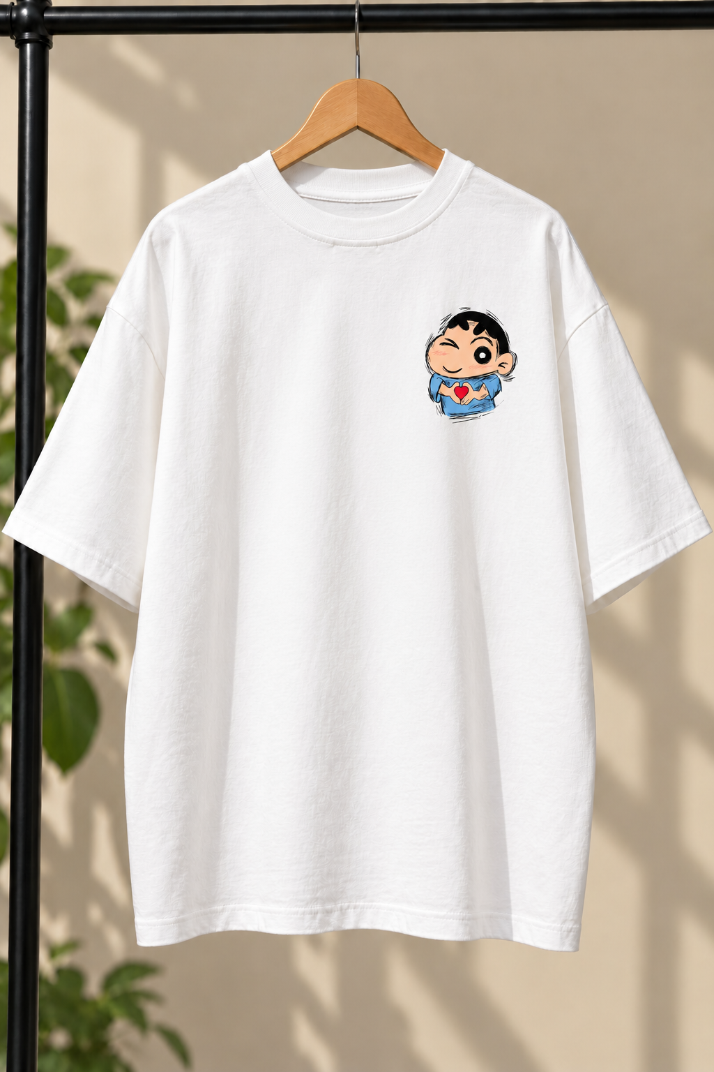 Shinchan Heart Hand Sign Back Print Oversized T-Shirt — White 2