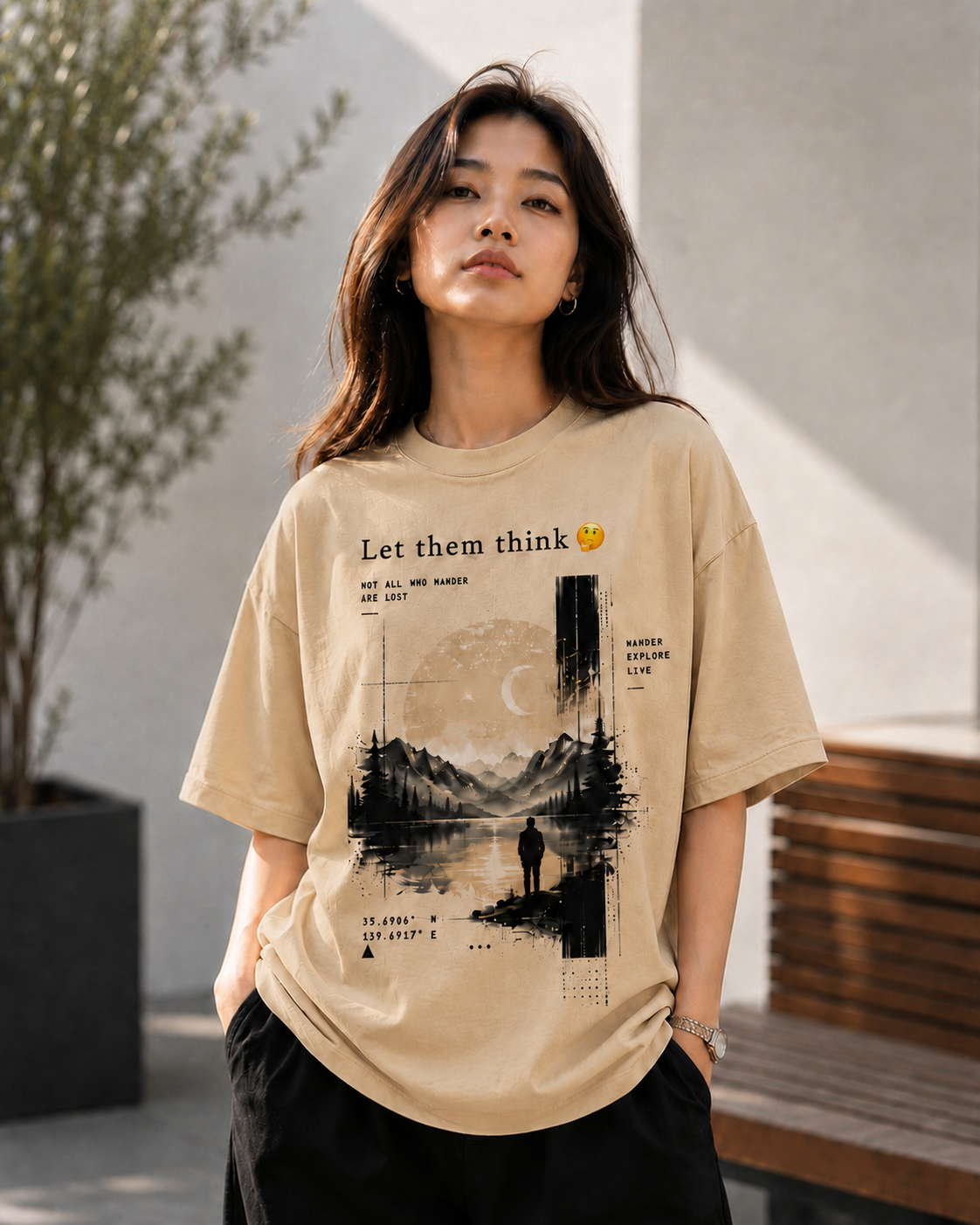 "Let Them Think" Aesthetic Wanderer Graphic Oversized T-Shirt — Beige 2