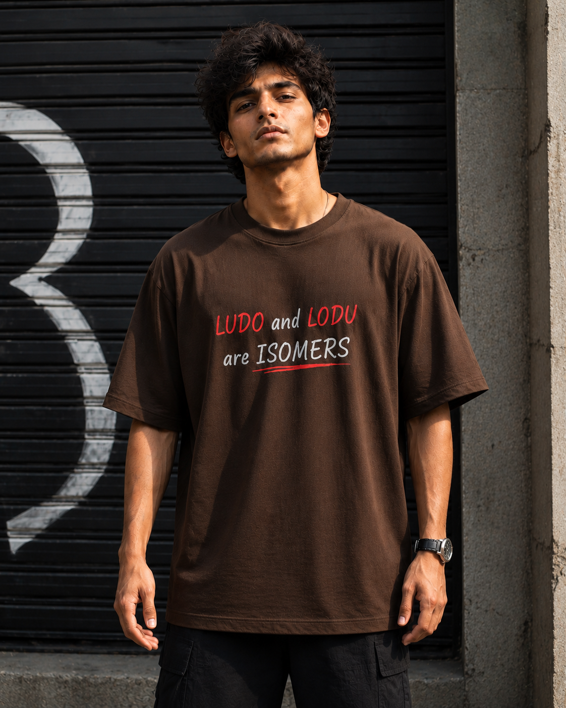 "Ludo and Lodu are Isomers" Funny Hindi Wordplay Oversized T-Shirt — Brown 1
