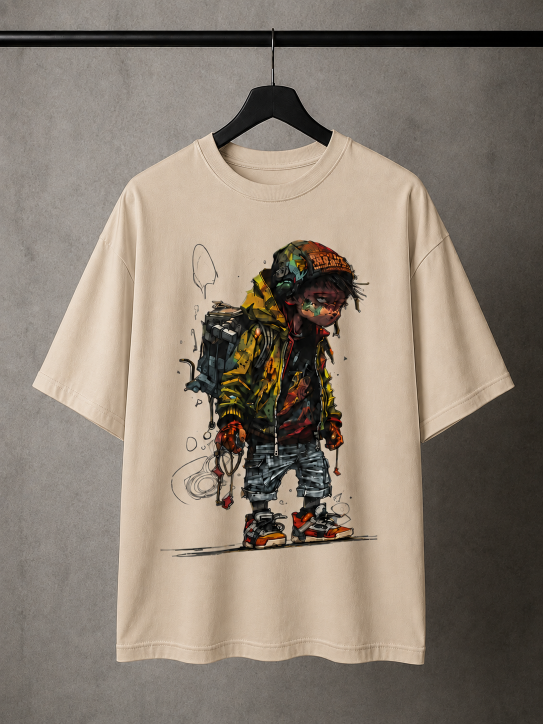 "Cyber Nomad" Urban Character Graphic Oversized T-Shirt — Beige 5