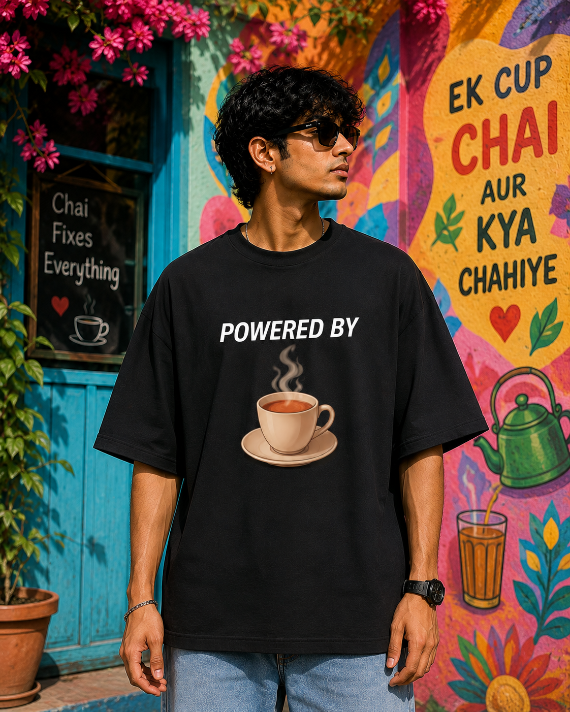 "POWERED BY TEA" Graphic Oversized T-Shirt  — Black