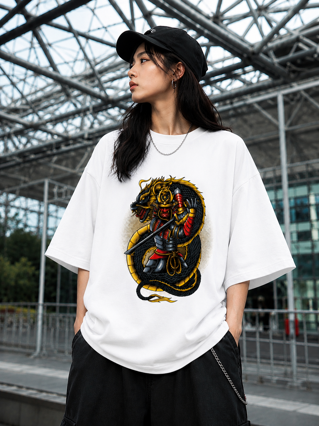 "SAMURAI DRAGON" Mighty Dragon Graphic Oversized T-Shirt  — White 3