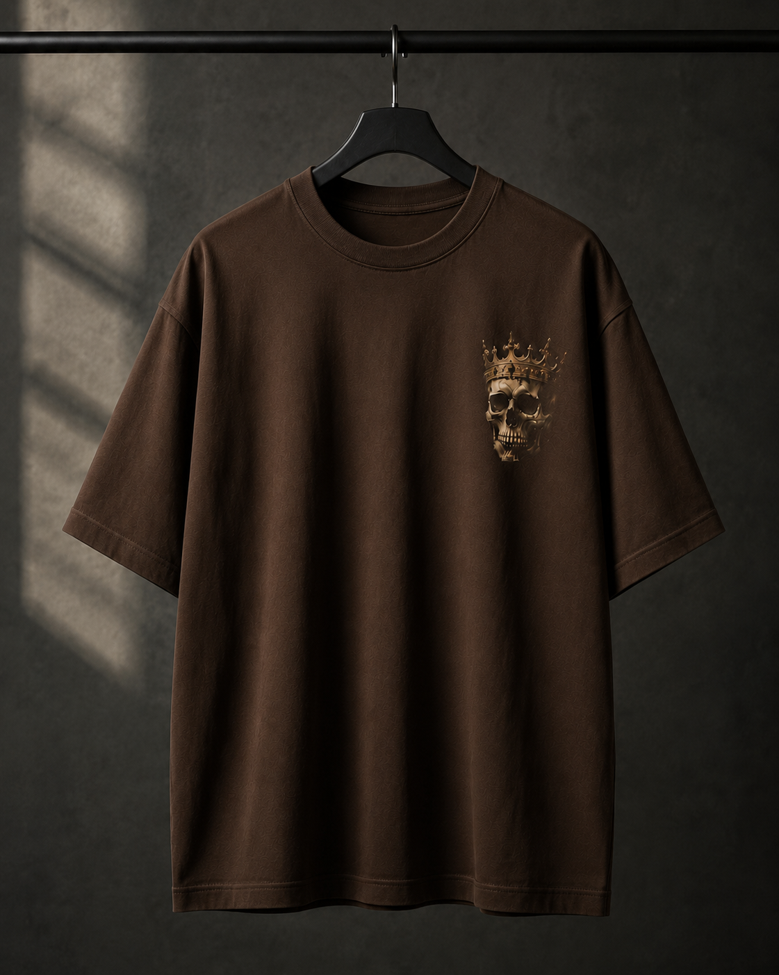 "Crowned Skull" Small Chest Graphic Oversized T-Shirt — Brown 5