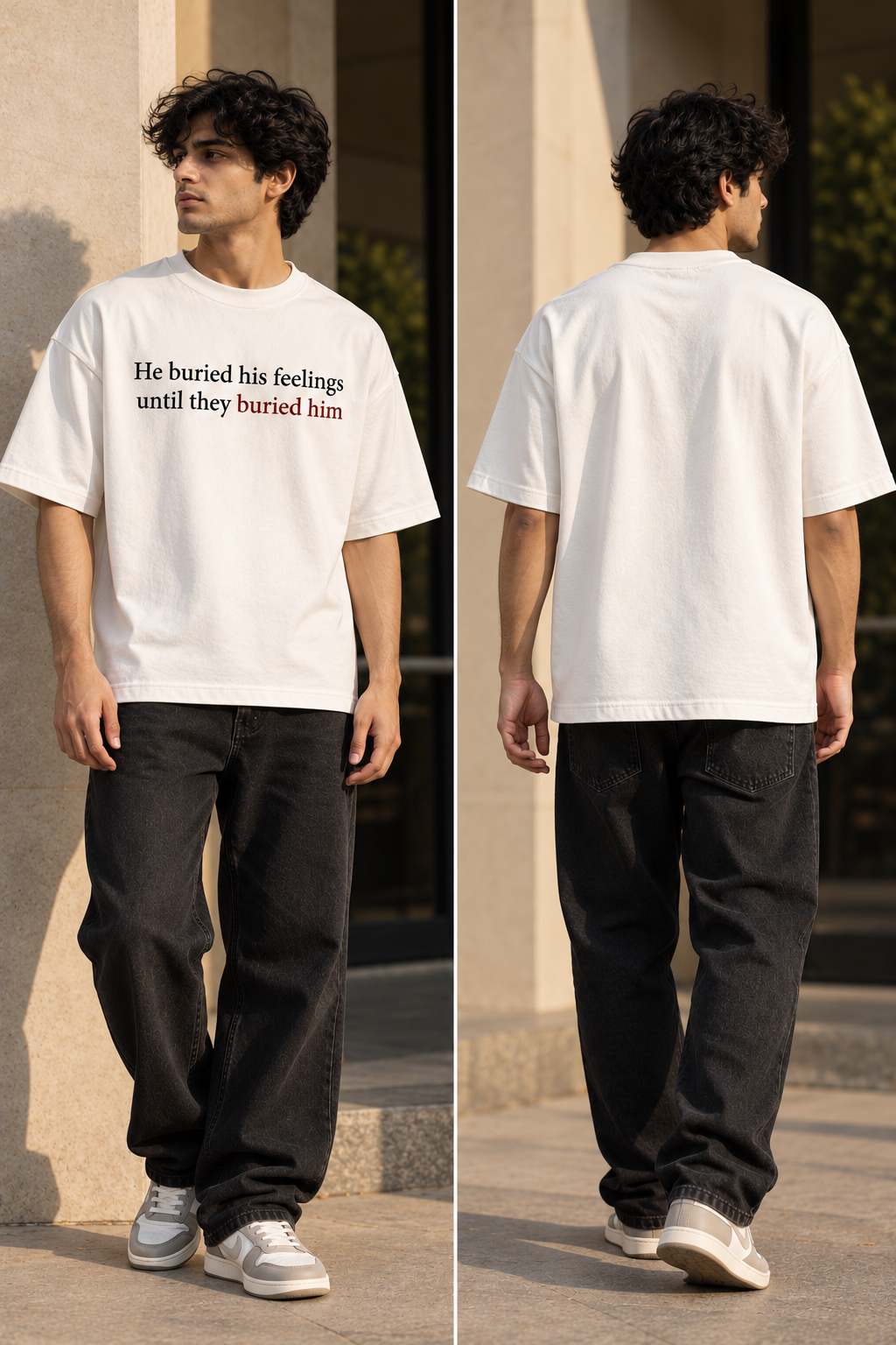 "He Buried His Feelings" Quote Oversized T-Shirt — White 3
