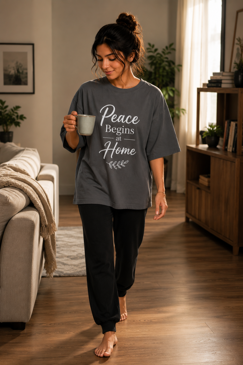 Peace Begins at Home Relaxed Fit Oversized T-Shirt — Smokey Grey 5