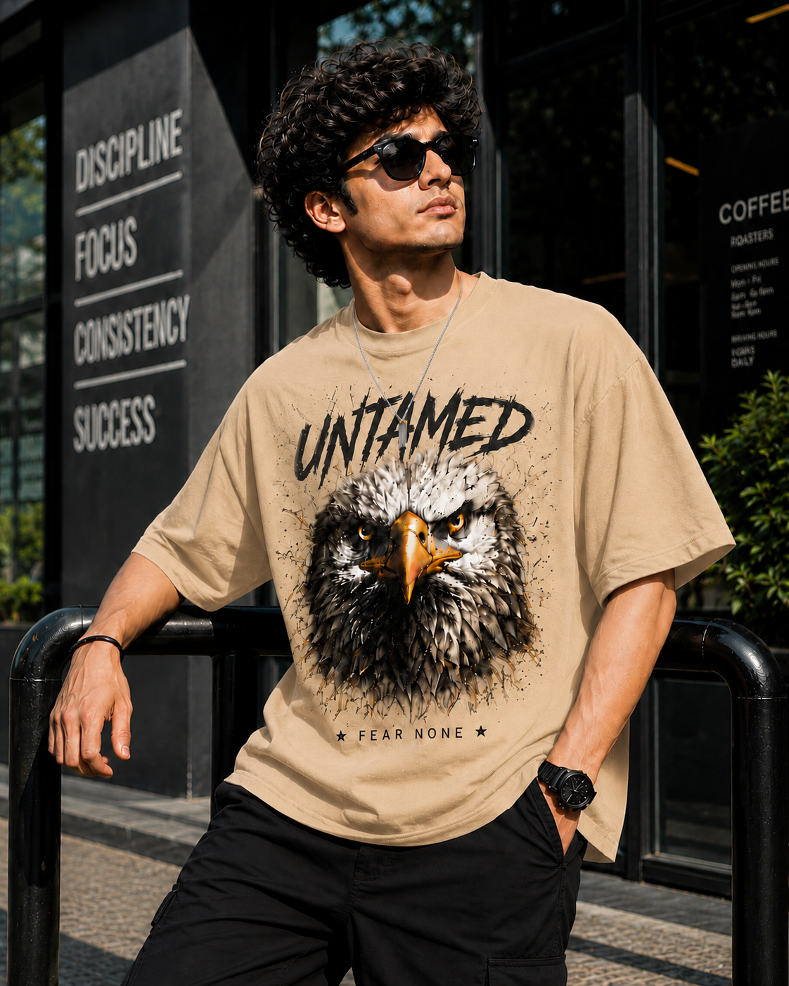 "Untamed: Fear None" Eagle Graphic Oversized T-Shirt — Beige
