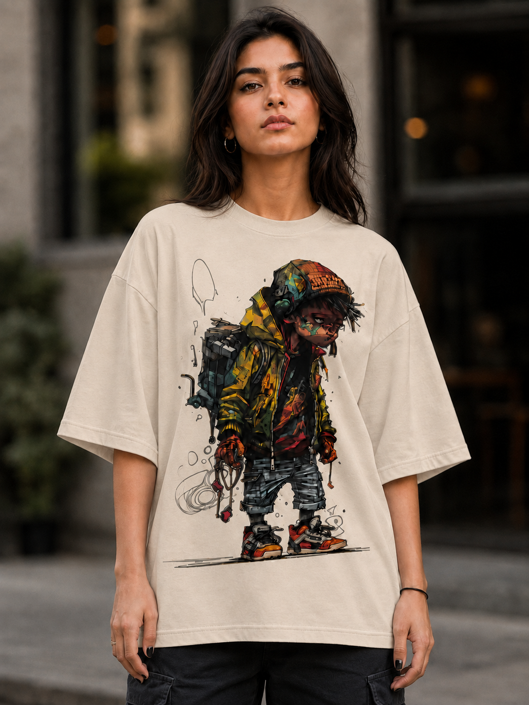 "Cyber Nomad" Urban Character Graphic Oversized T-Shirt — Beige 3