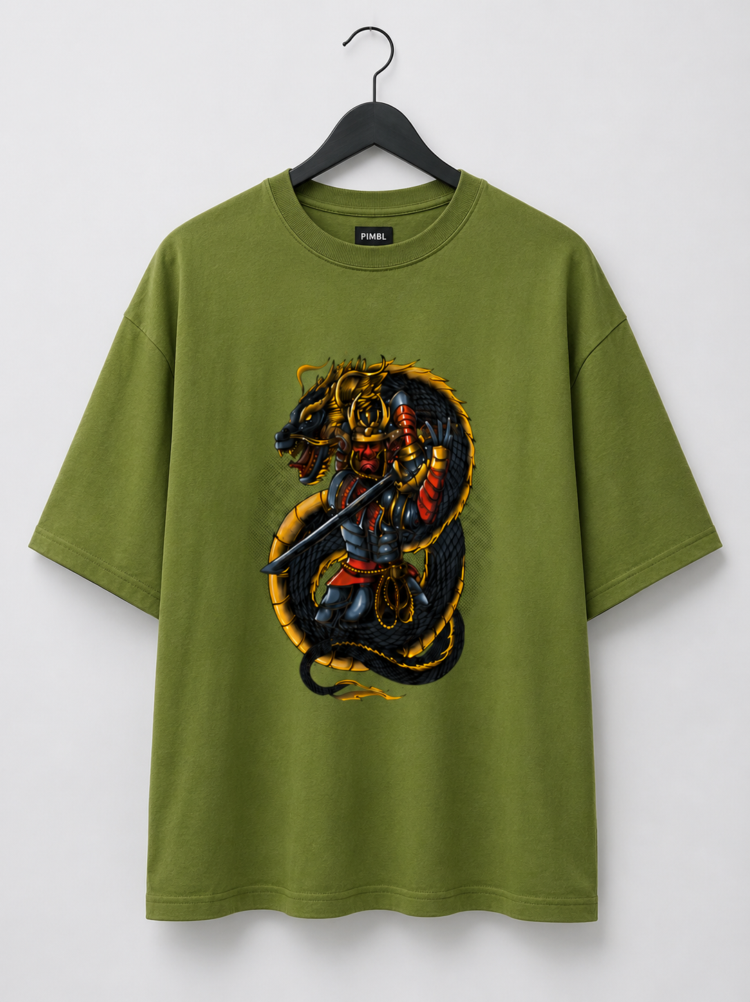 "SAMURAI DRAGON" Mighty Dragon Graphic Oversized T-Shirt  — Avocado Green 5