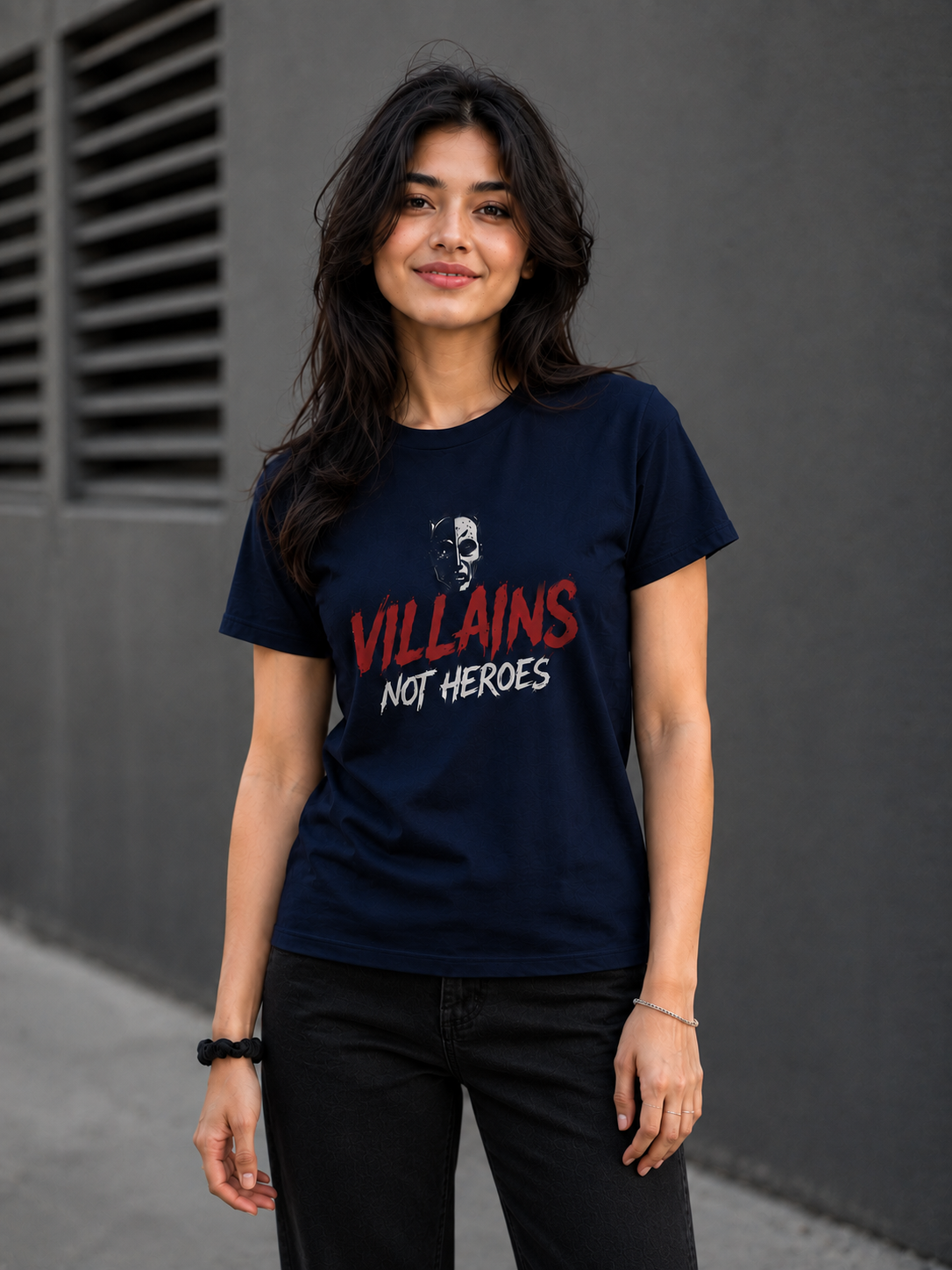 "Villains Not Heroes" Graphic Regular Fit T-Shirt — Navy Blue