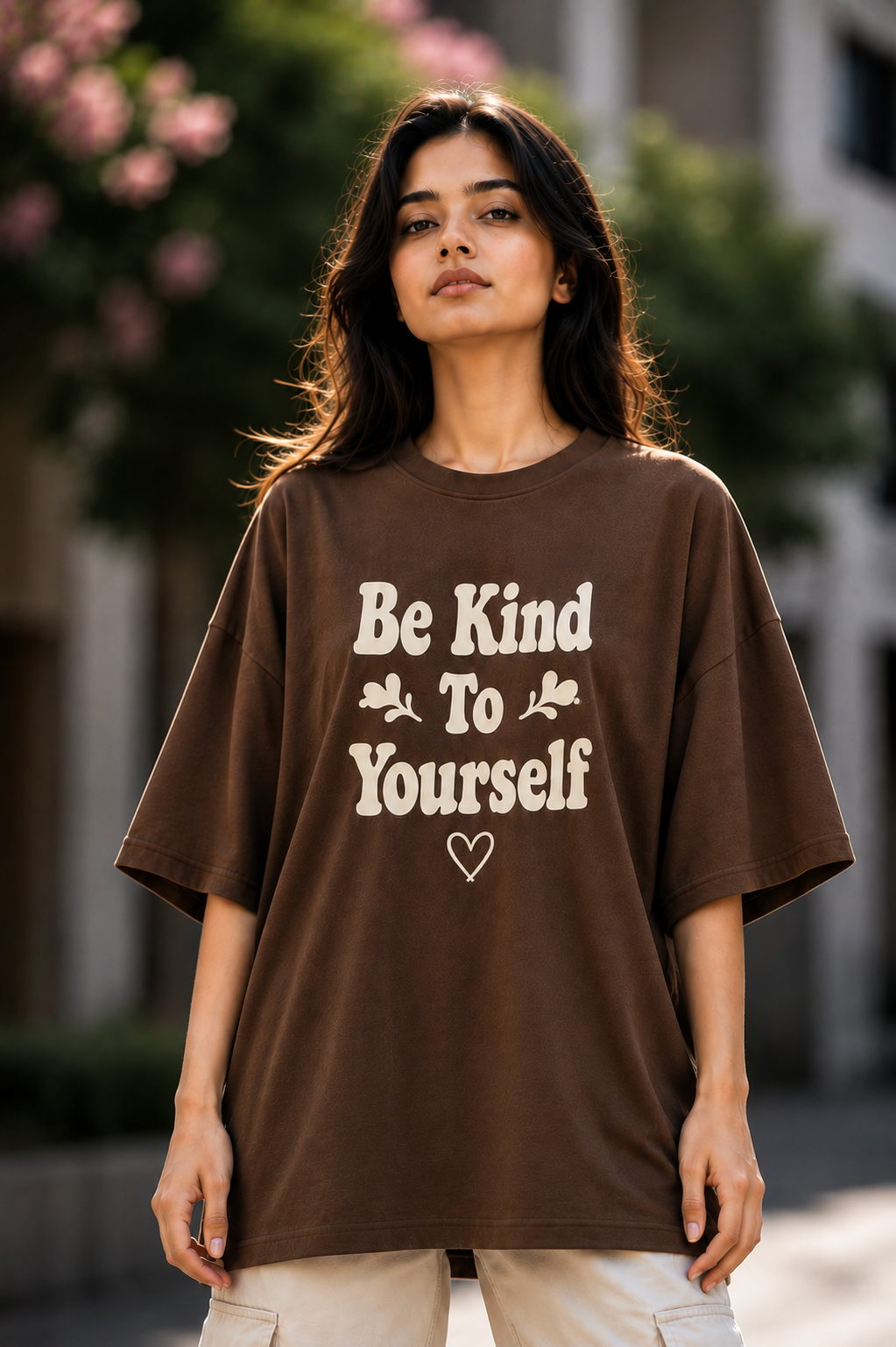 "Be Kind To Yourself" Retro Typography Oversized T-Shirt — Brown 1