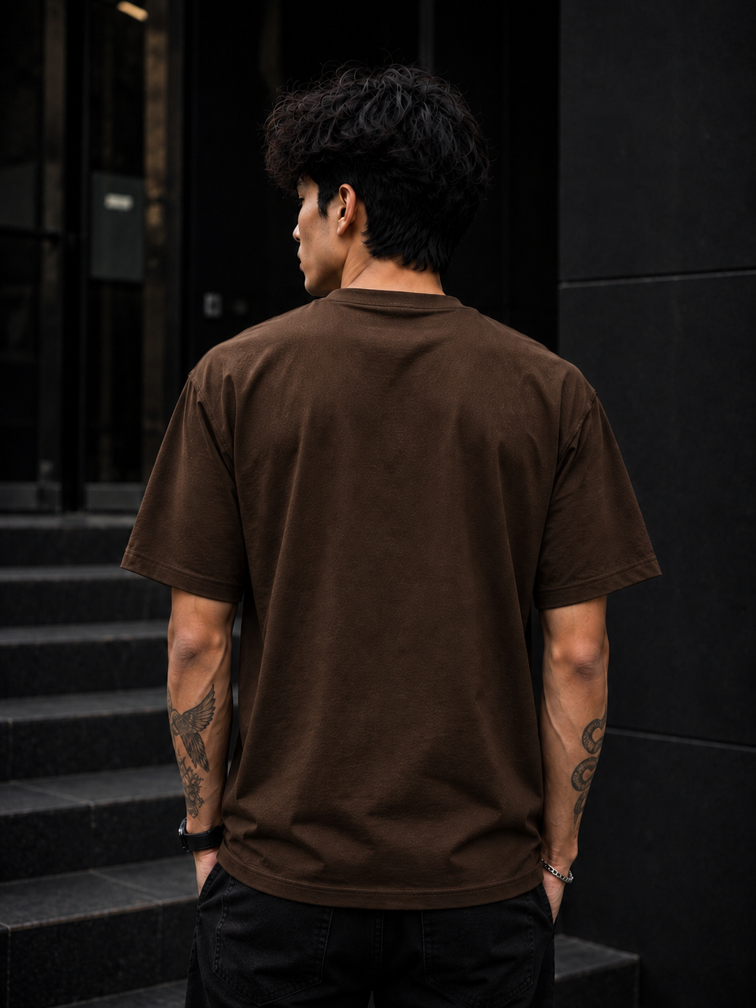 "Crowned Skull" Small Chest Graphic Oversized T-Shirt — Brown 2