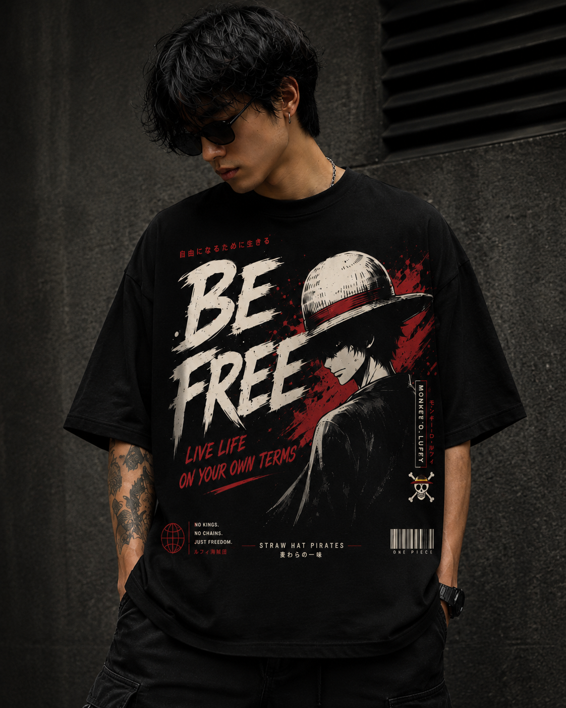 "Be Free" Monkey D. Luffy Graphic Oversized T-Shirt — Black