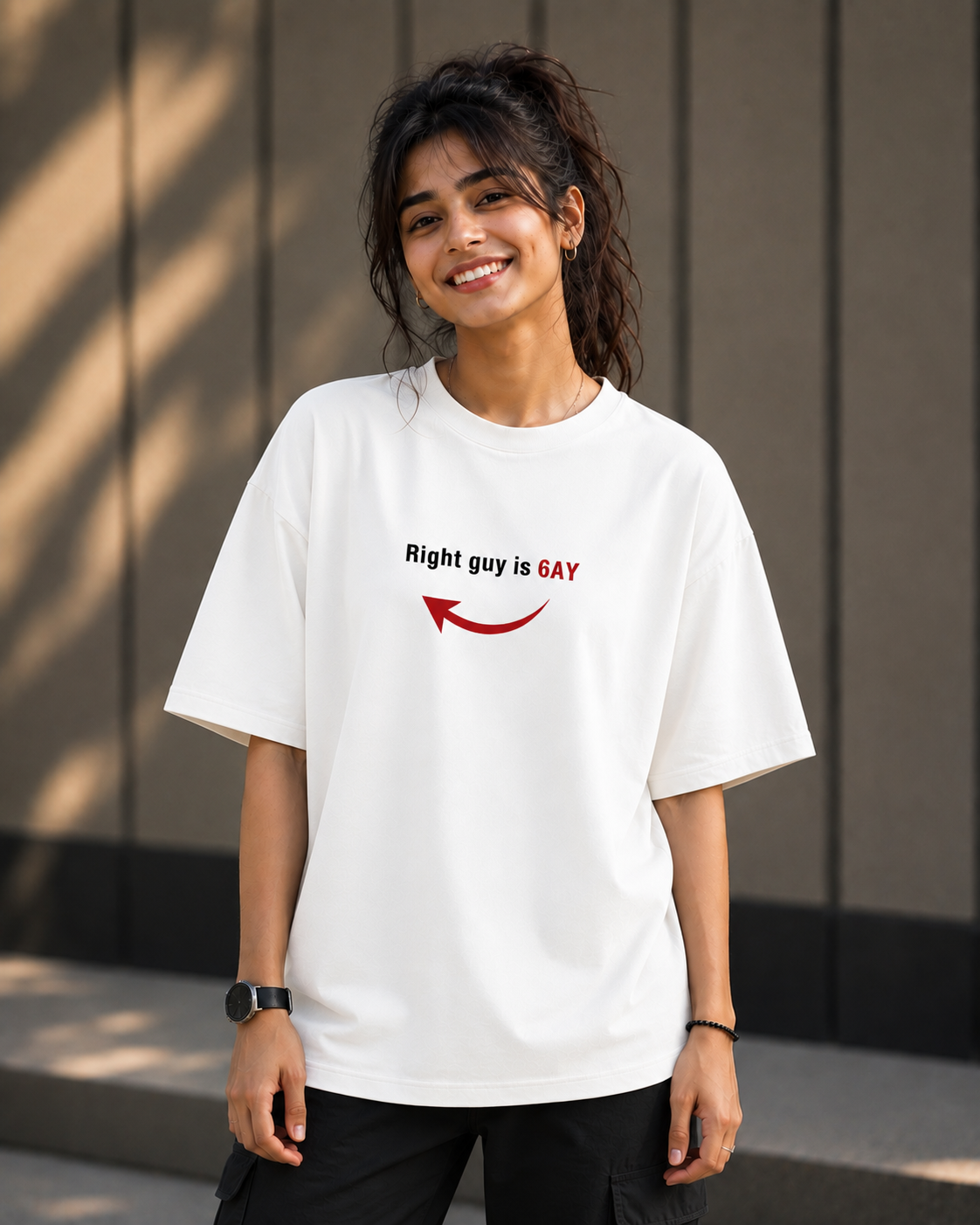 "Right Guy is Gay" Funny Arrow Graphic Oversized T-Shirt — White 3